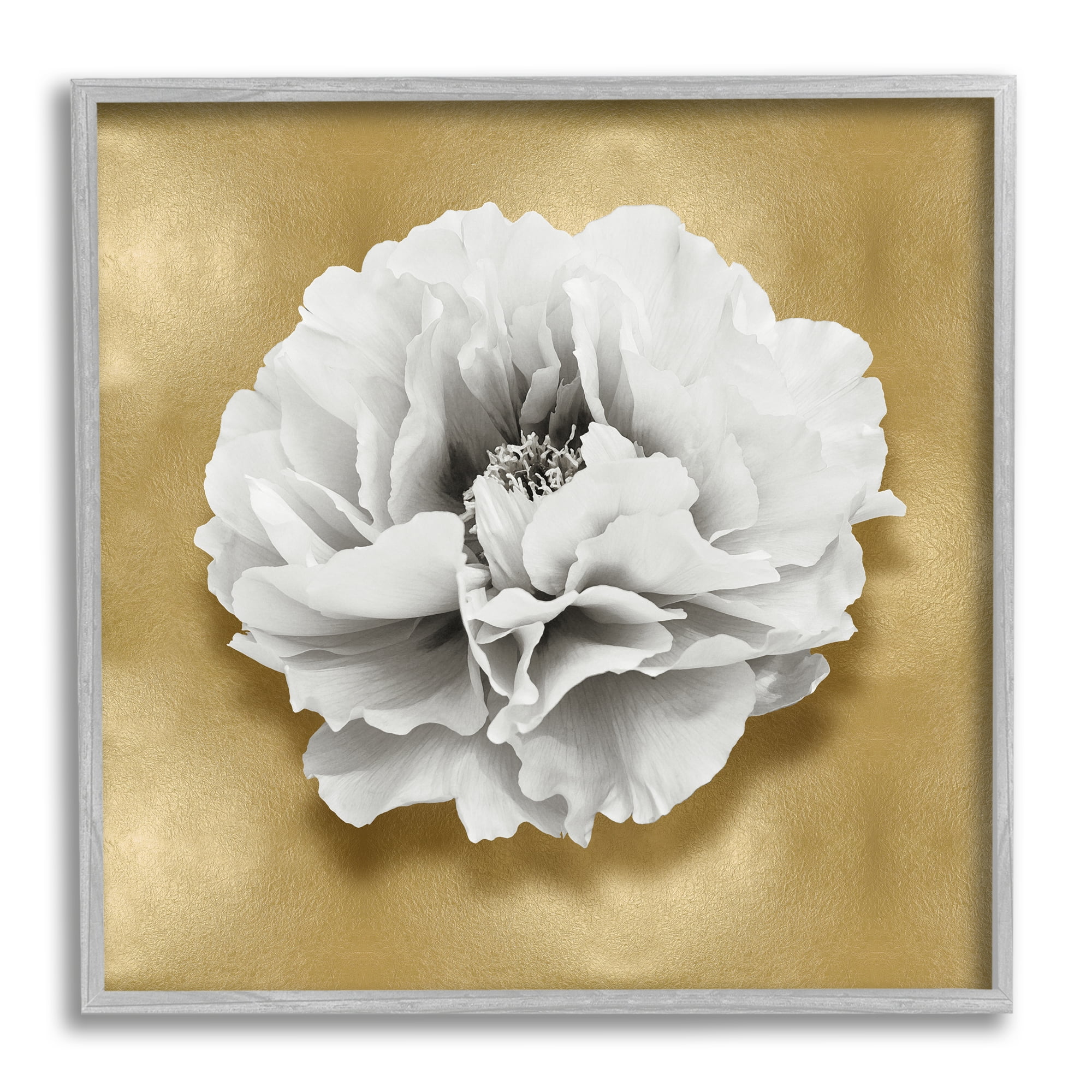 Stupell Industries White Peony on Gold Botanical & Floral Painting Gray Framed Art Print Wall Art, 17 x 17