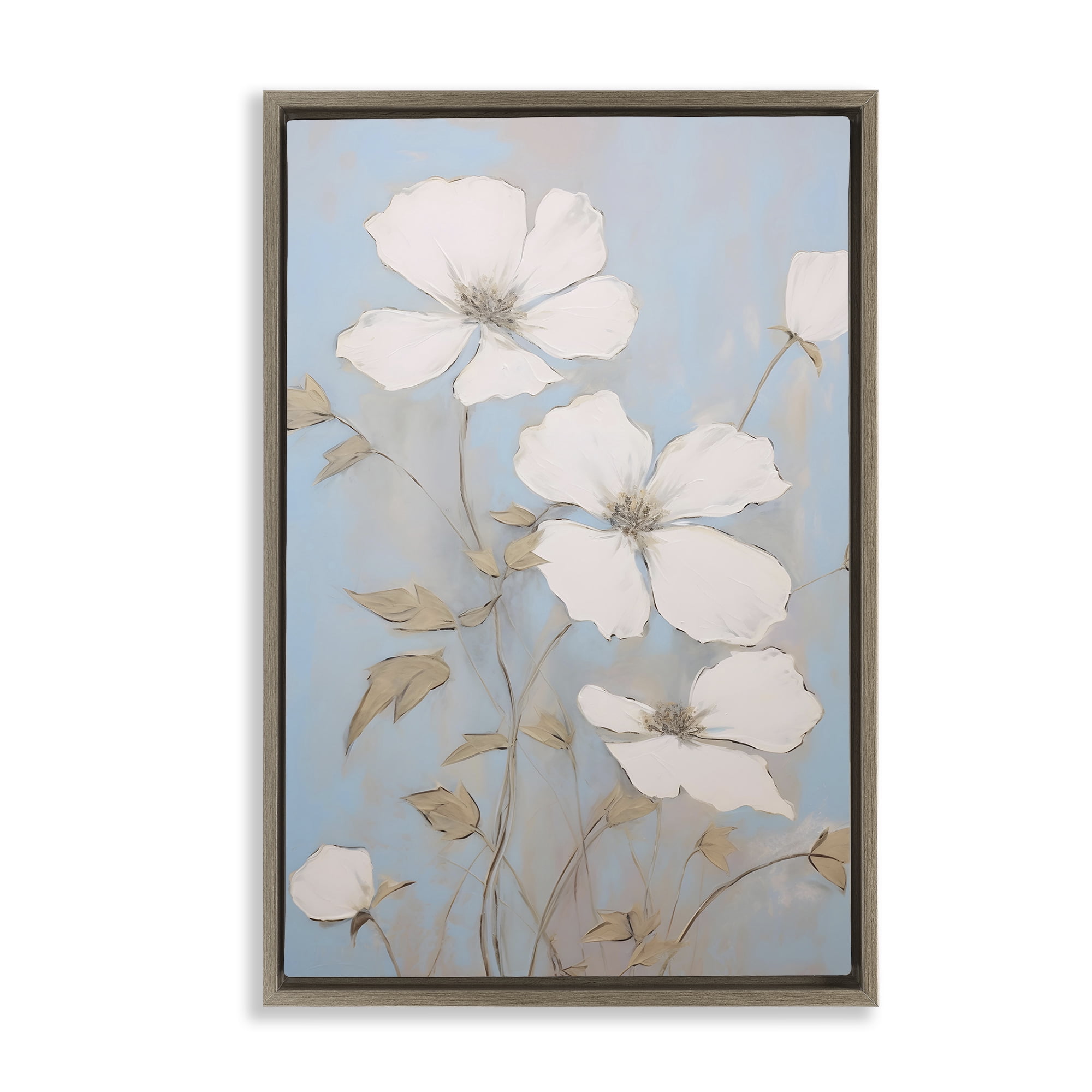 Stupell Industries White Petal Flowers Botanical & Floral Painting Brown Floater Framed Art Print Wall Art, 21 x 31