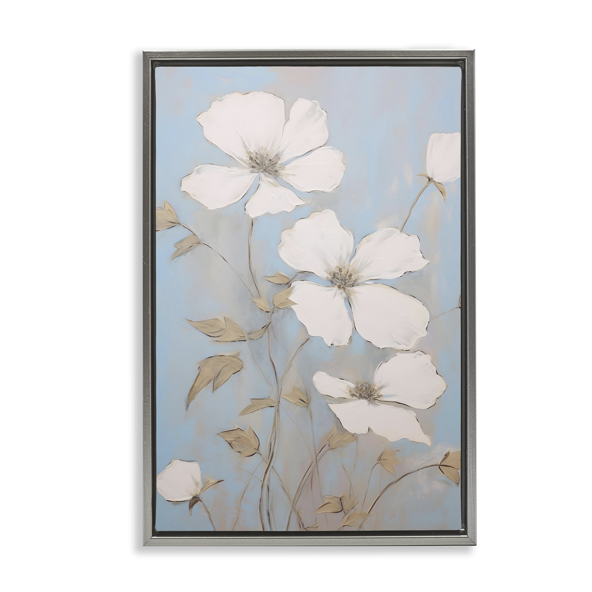 Stupell Industries White Petal Flowers Botanical & Floral Painting Gray Floater Framed Art Print Wall Art, 17 x 25