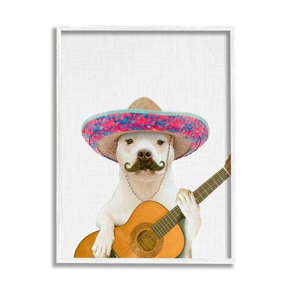Stupell Industries White Pit Bull Dog Playing Guitar Mustache Sombrero Framed Wall Art, 11 x 14, Design by Tai Prints