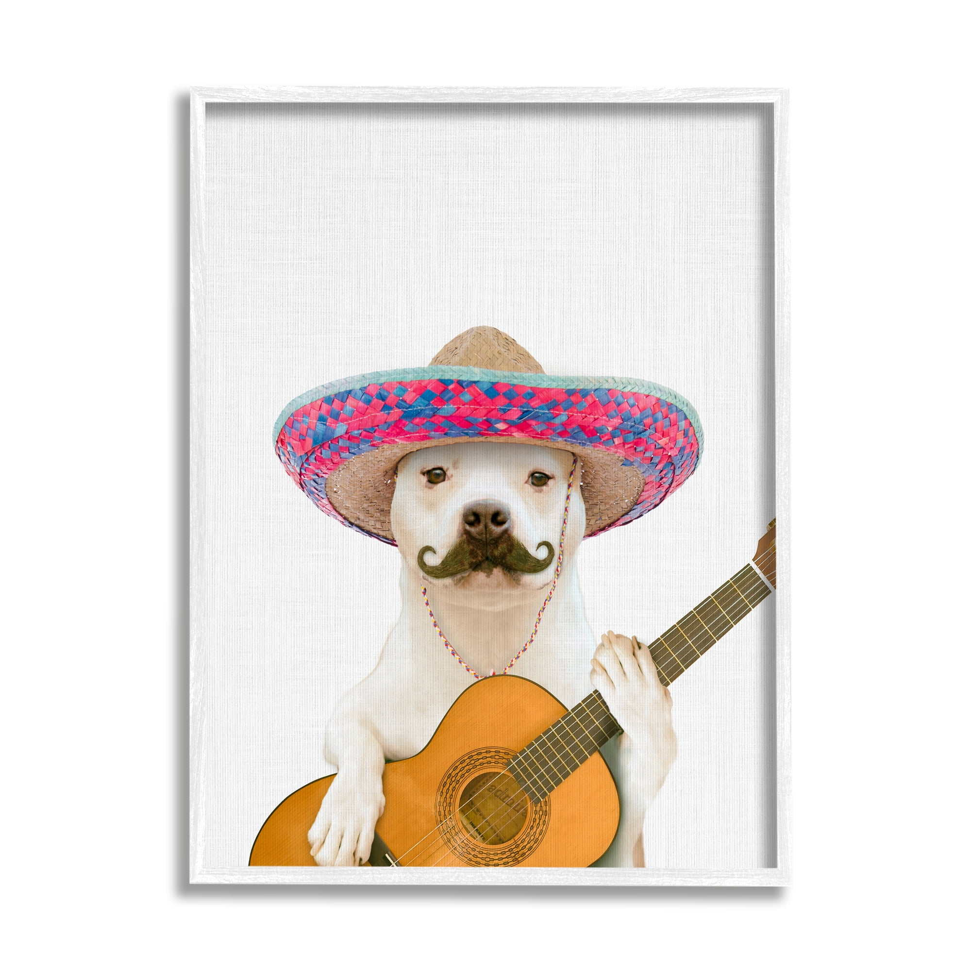 Stupell Industries White Pit Bull Dog Playing Guitar Mustache Sombrero Framed Wall Art, 16 x 20, Design by Tai Prints