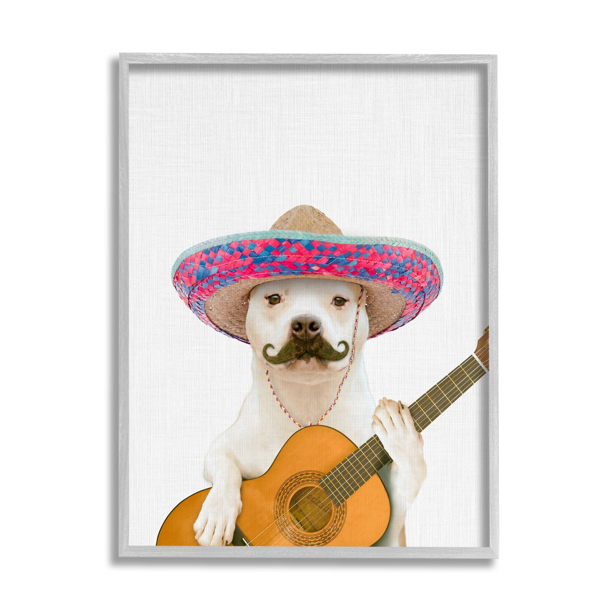 Stupell Industries White Pit Bull Dog Playing Guitar Mustache Sombrero Framed Wall Art, 24 x 30, Design by Tai Prints