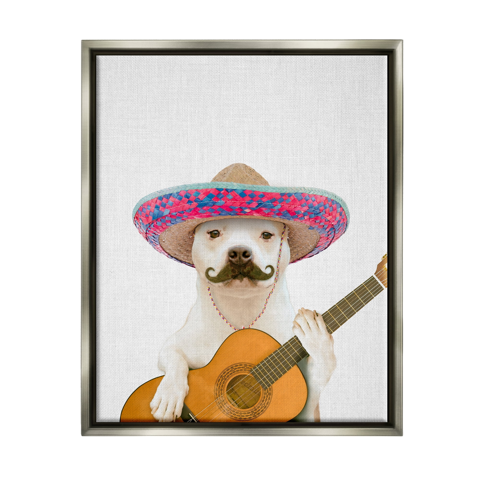 Stupell Industries White Pit Bull Dog Playing Guitar Mustache Sombrero Luster Gray Framed Floating Canvas Wall Art, 16x20, by Tai Prints