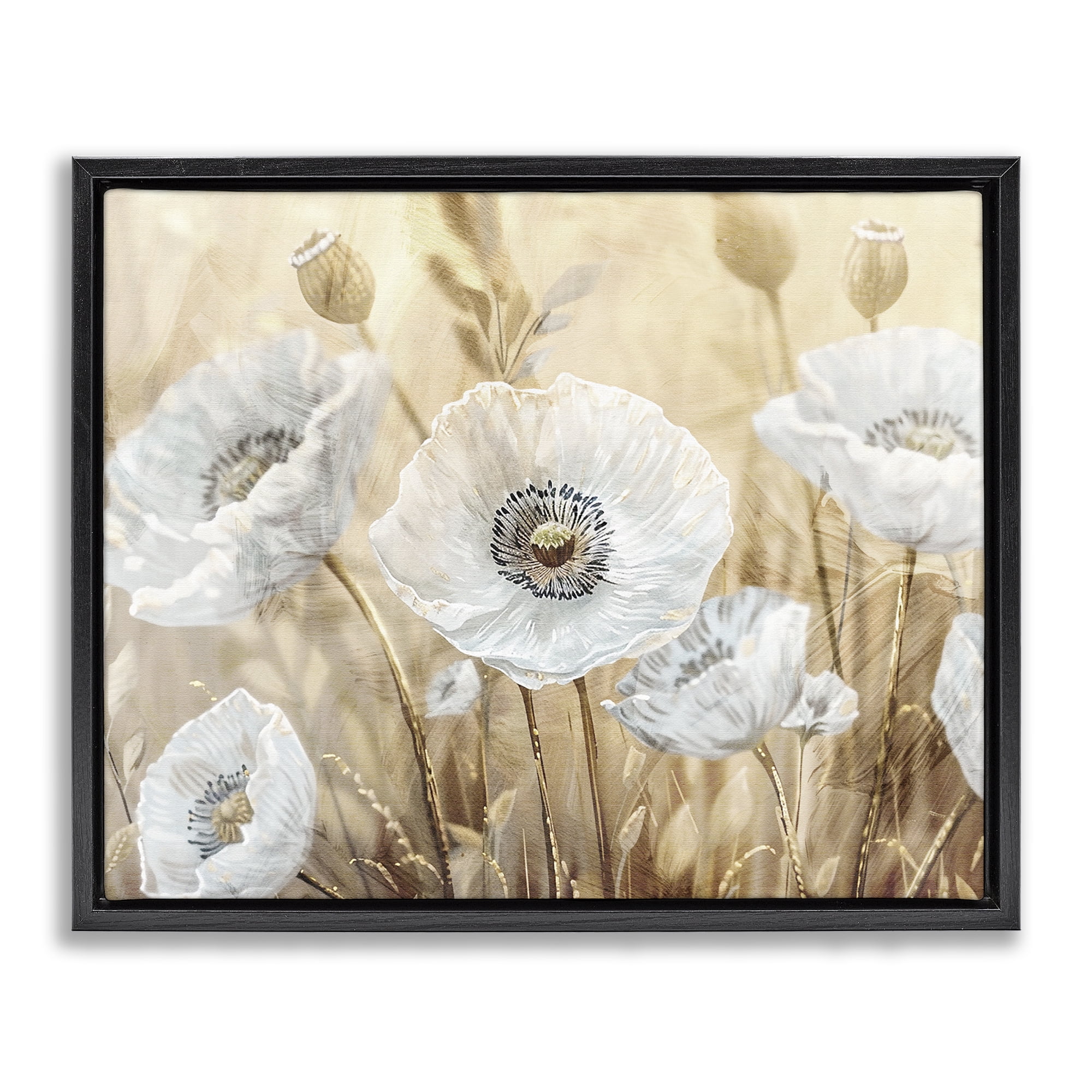 Stupell Industries White Poppies Beige Field Black Framed Floater Canvas Wall Art, design by Kim Allen