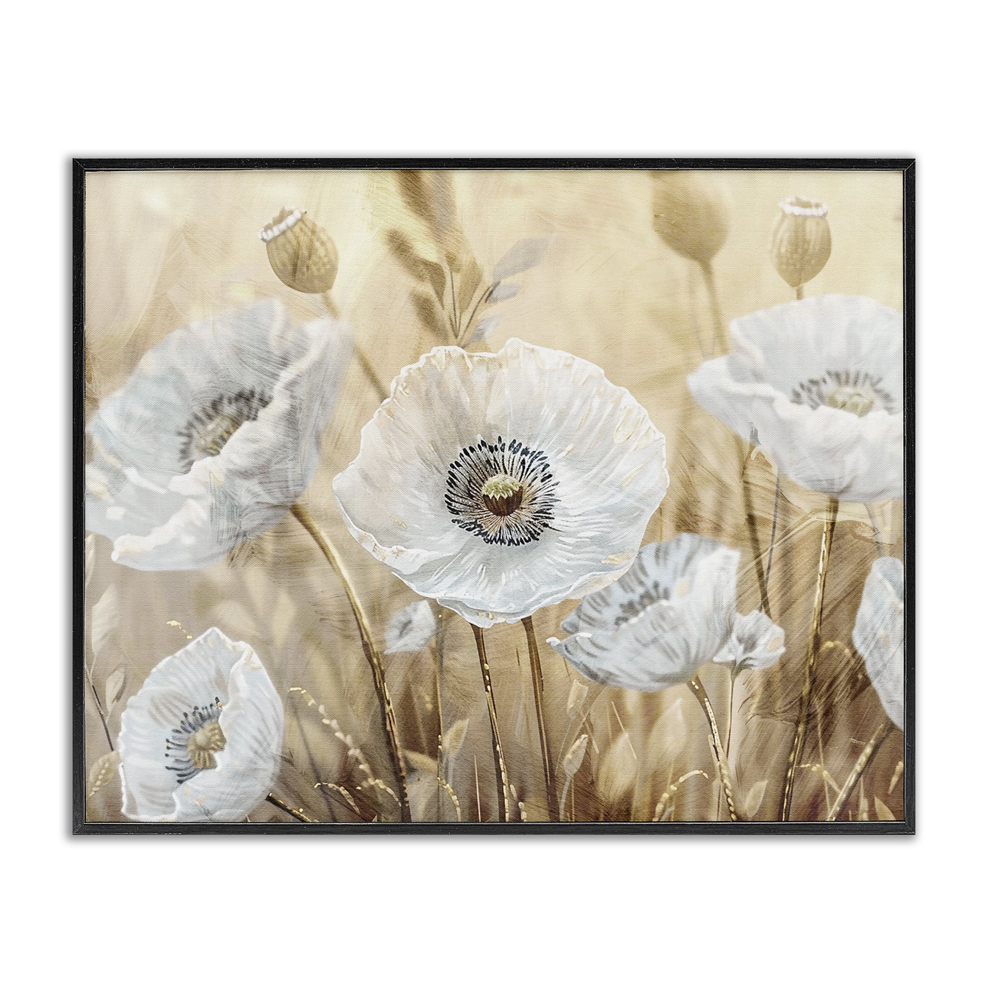 Stupell Industries White Poppies Beige Field Black Framed Giclee Art, design by Kim Allen