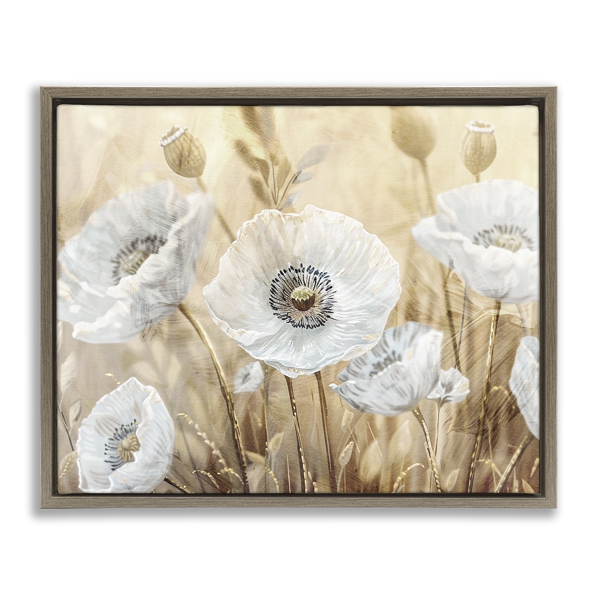 Stupell Industries White Poppies Beige Field Brown Framed Floater Canvas Wall Art, design by Kim Allen