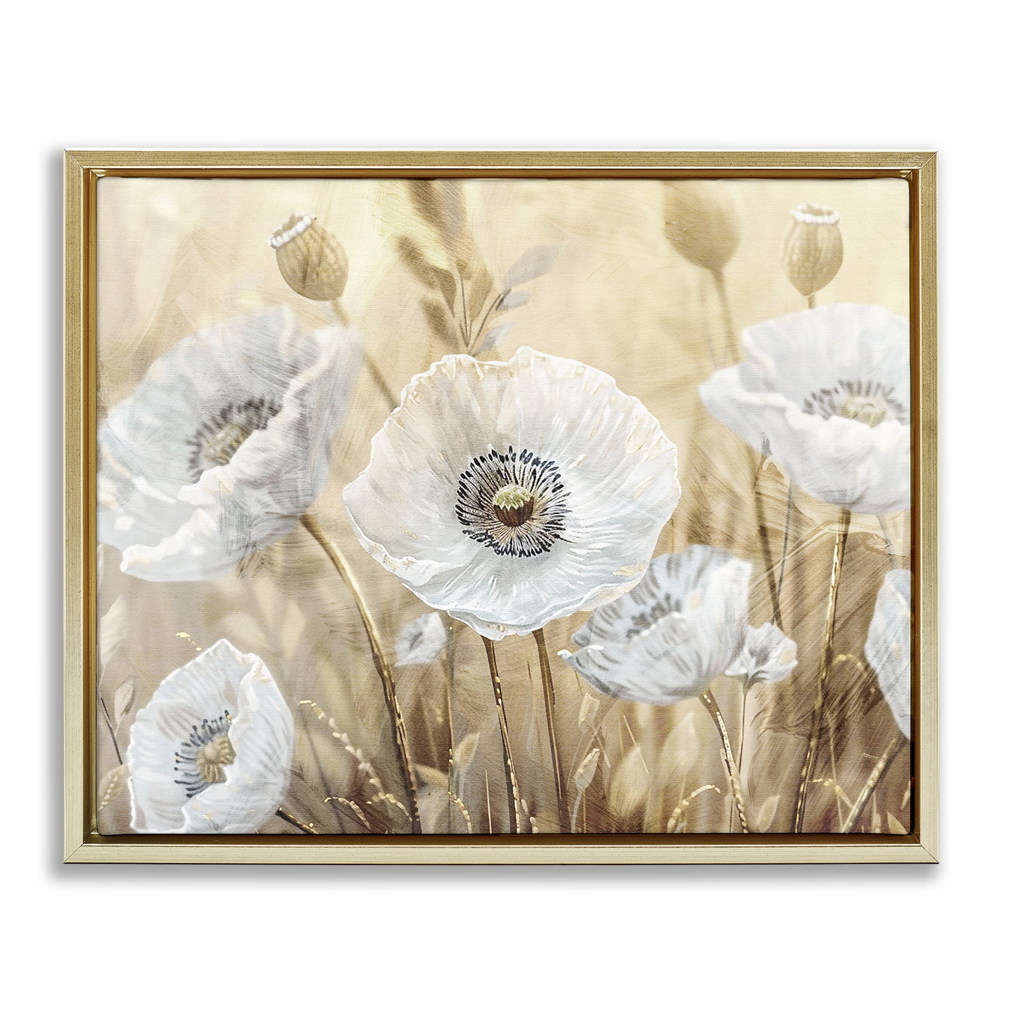 Stupell Industries White Poppies Beige Field Gold Framed Floater Canvas Wall Art, design by Kim Allen
