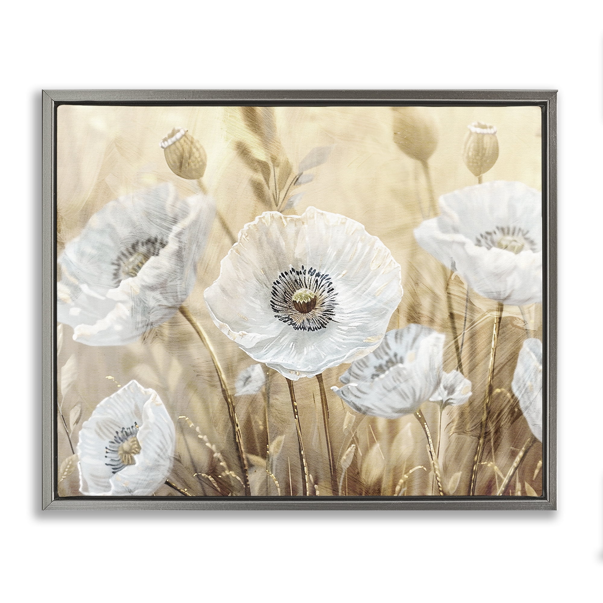 Stupell Industries White Poppies Beige Field Gray Framed Floater Canvas Wall Art, design by Kim Allen