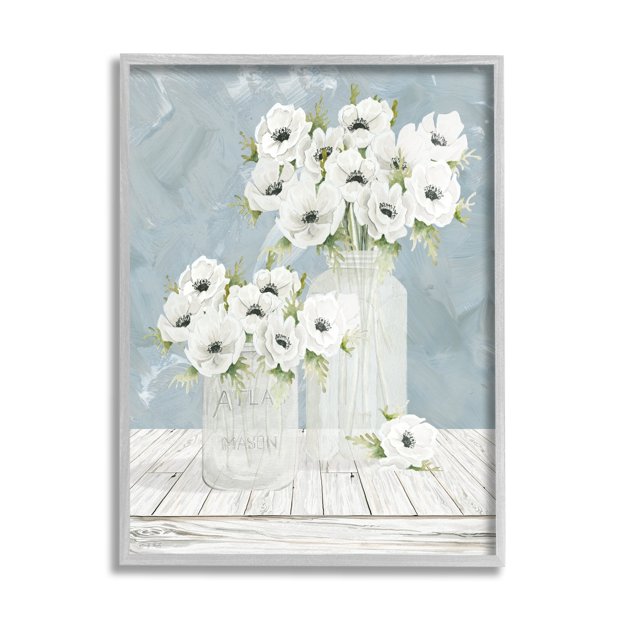 Stupell Industries White Poppies Flower Bouquets Country Jars Soft Blue, 11 x 14, Design by Cindy Jacobs