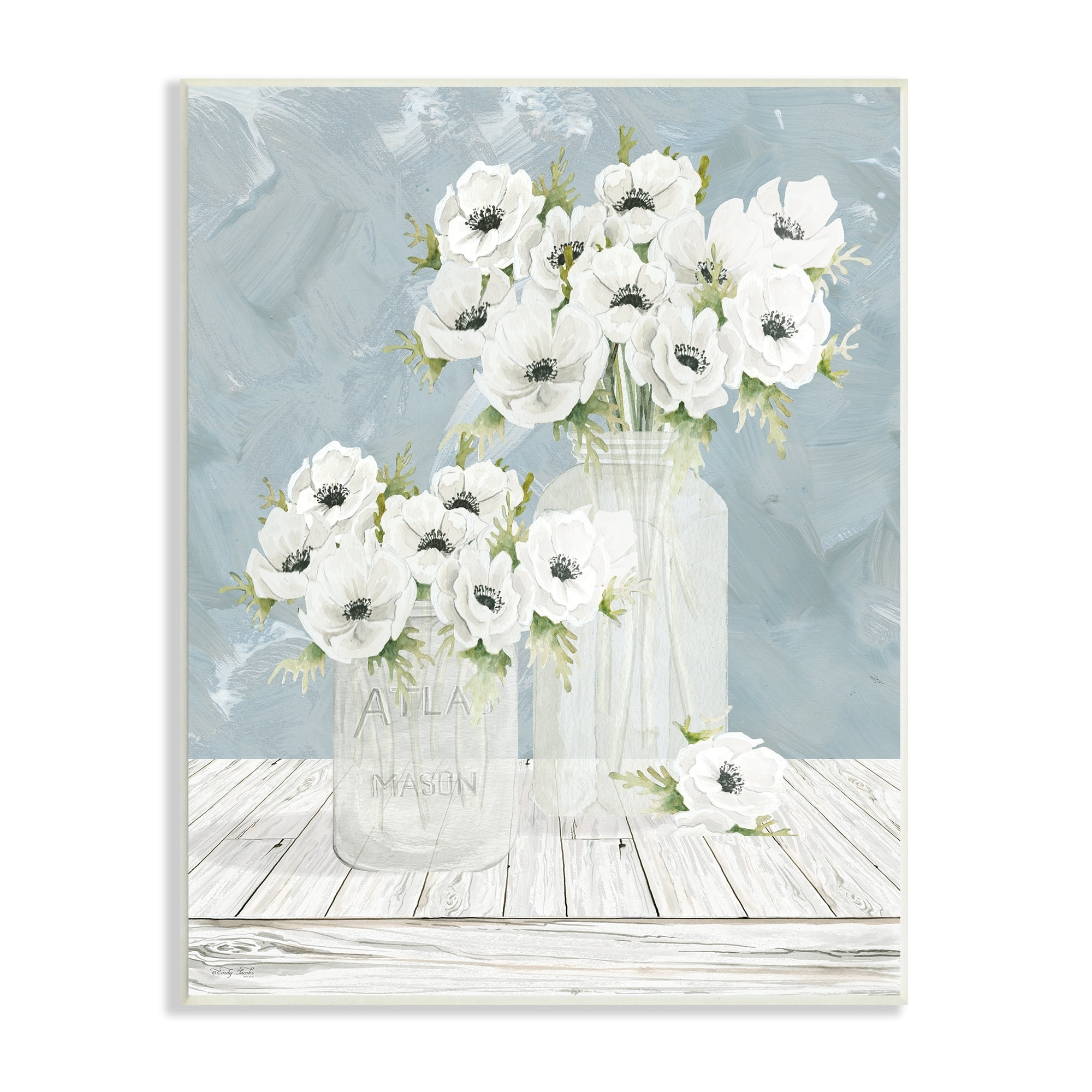 Stupell Industries White Poppies Flower Bouquets Country Jars Soft Blue, 13 x 19, Design by Cindy Jacobs