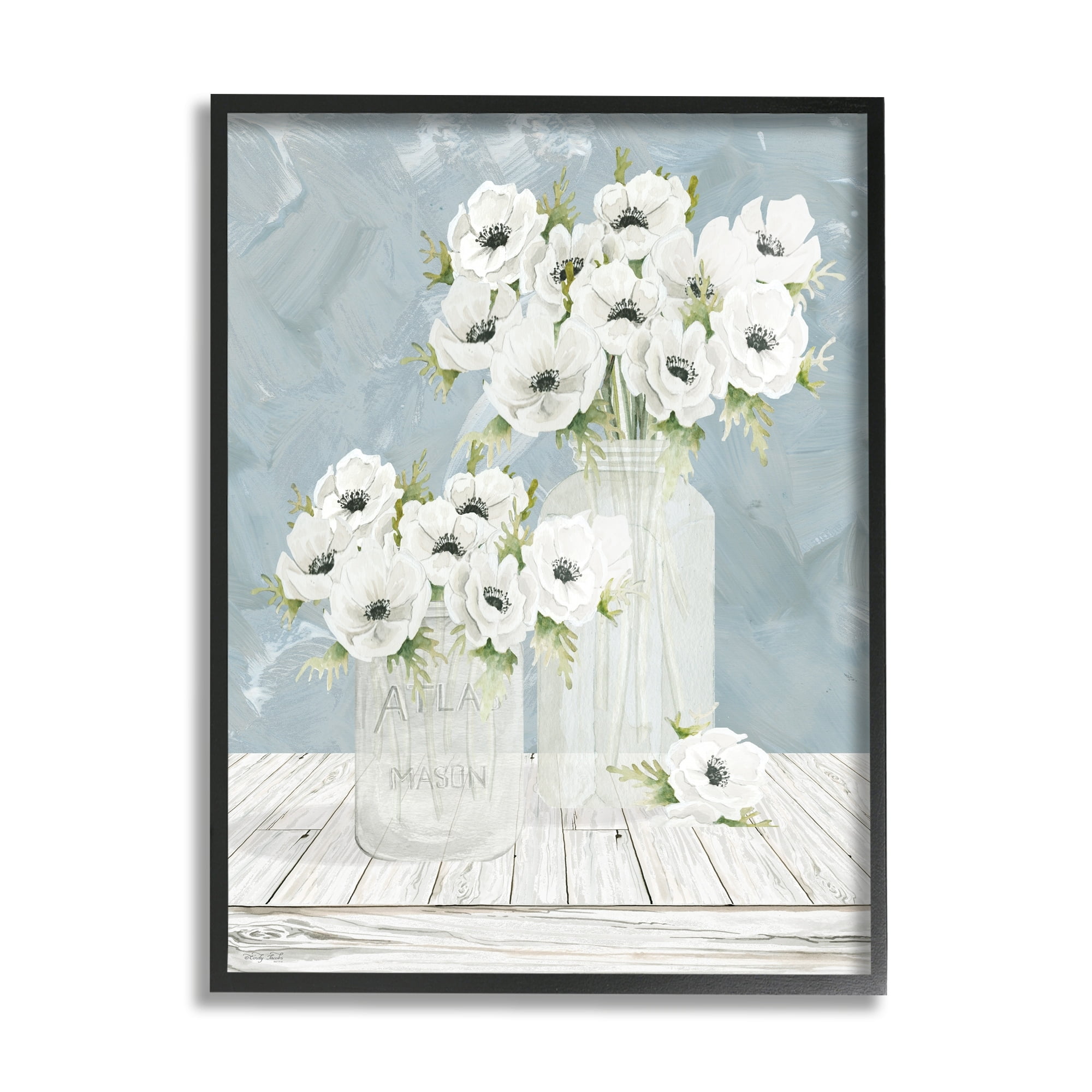 Stupell Industries White Poppies Flower Bouquets Country Jars Soft Blue, 16 x 20, Design by Cindy Jacobs