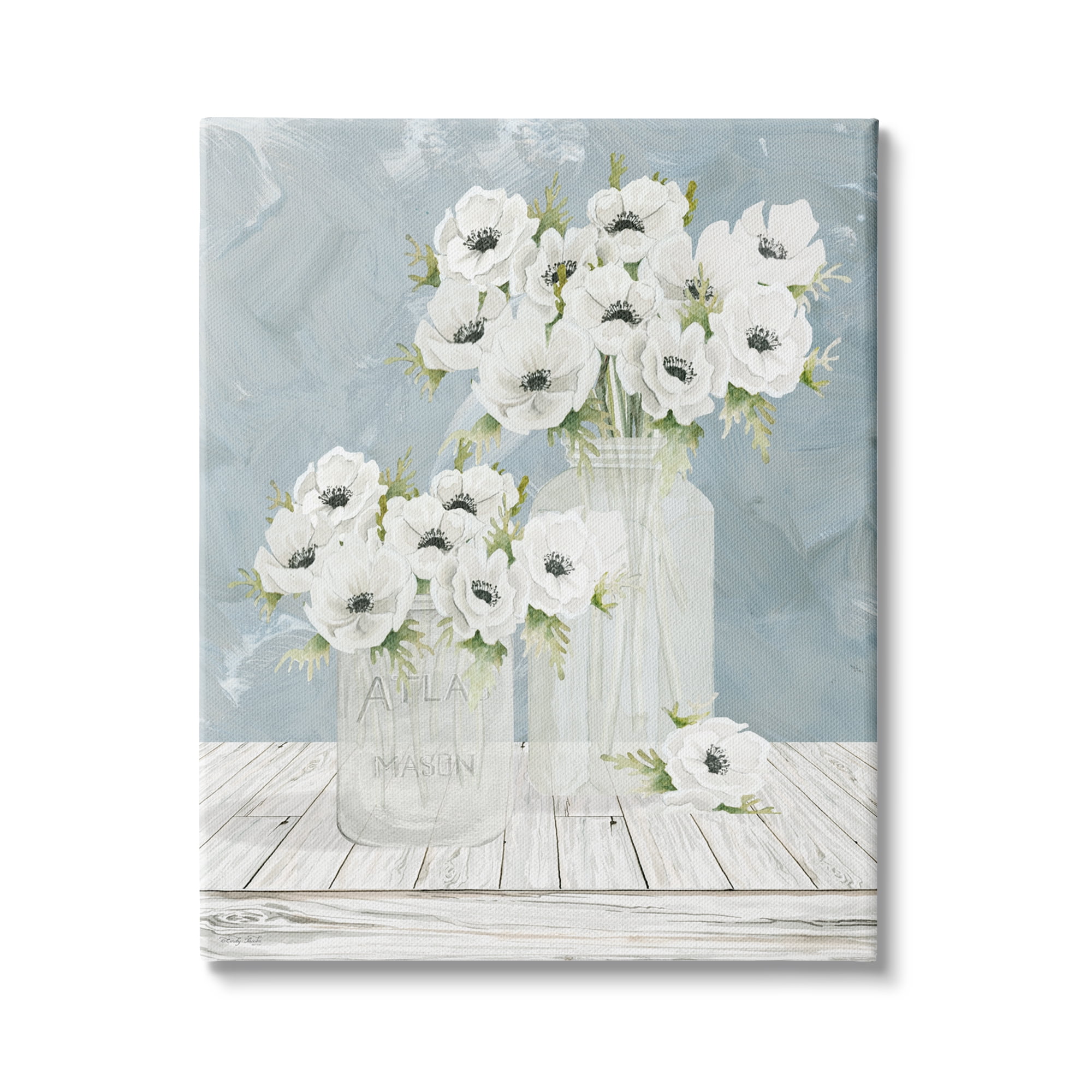 Stupell Industries White Poppies Flower Bouquets Country Jars Soft Blue, 36 x 48, Design by Cindy Jacobs