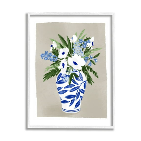 Stupell Industries White Poppies Flower Leaves Traditional Chinoiserie Pattern Vase,16 x 20, Design by Doodles.Ink.