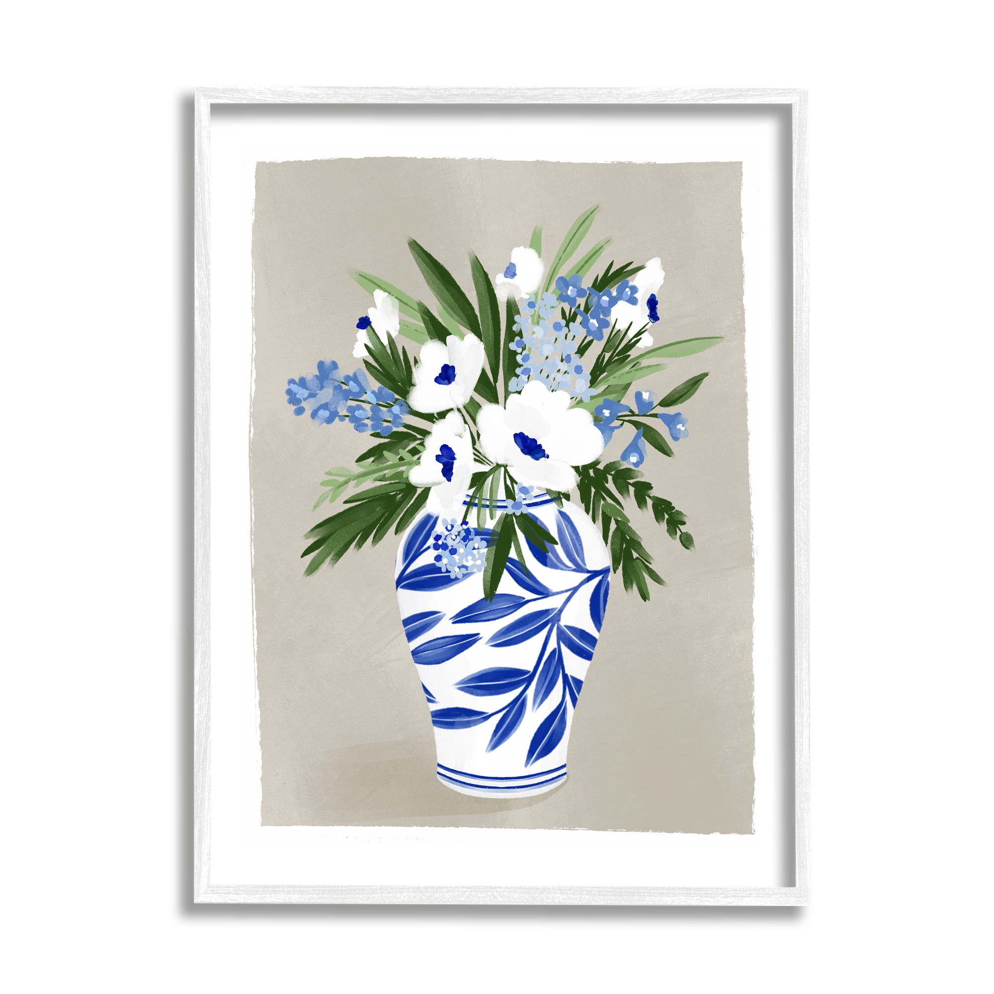 Stupell Industries White Poppies Flower Leaves Traditional Chinoiserie Pattern Vase,24 x 30, Design by Doodles.Ink.