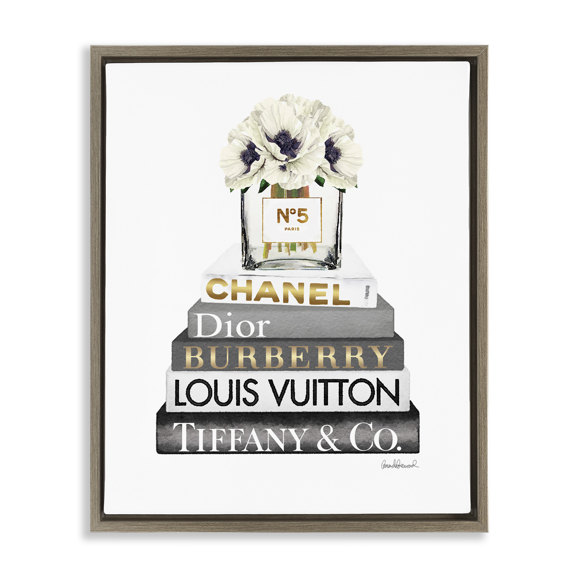 Stupell Industries White Poppies on Glam Bookstack Beauty & Fashion Painting Brown Floater Framed Canvas Art Print Wall Art, 17 x 21