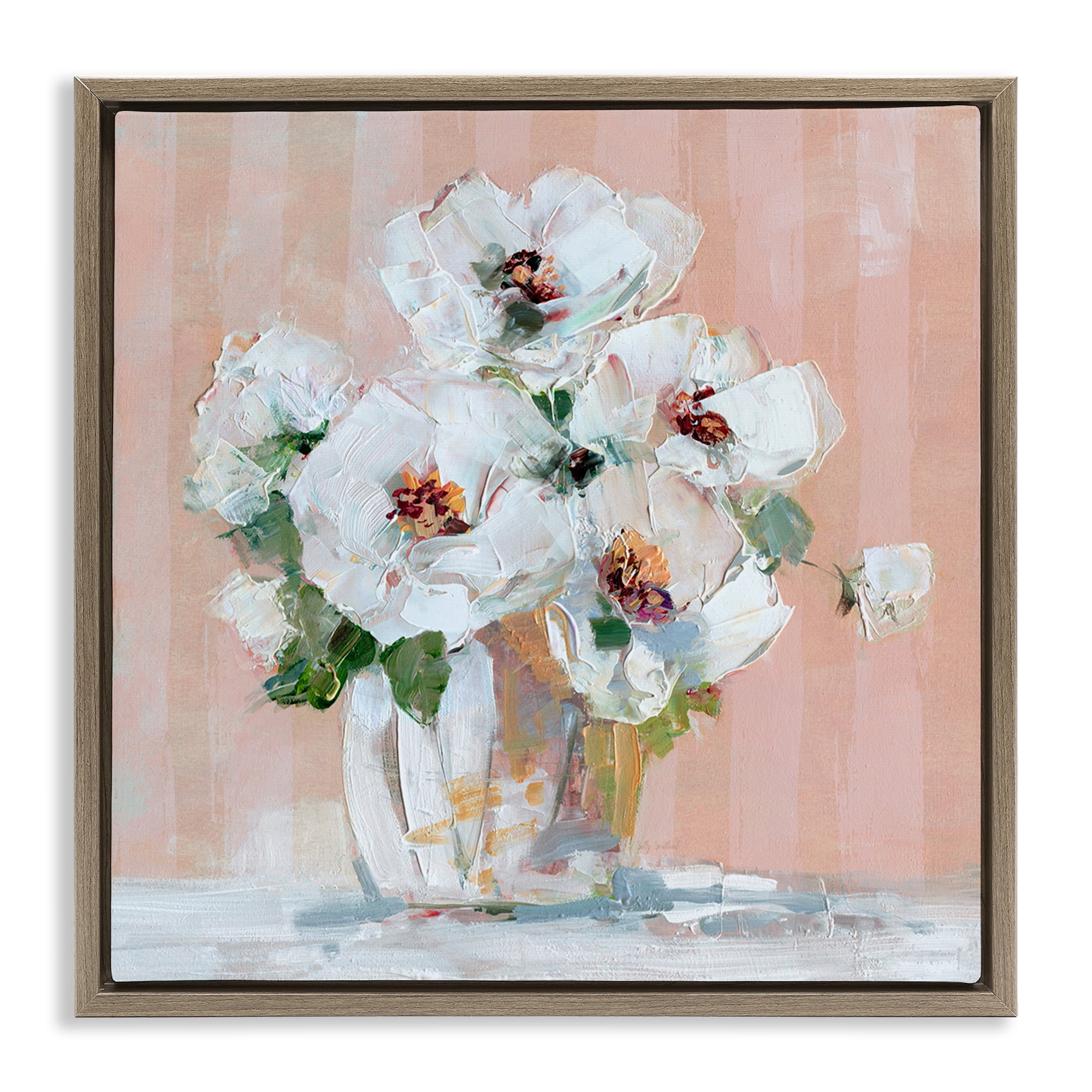 Stupell Industries White Poppies on Pink Botanical & Floral Painting Brown Floater Framed Art Print Wall Art, 18 x 18