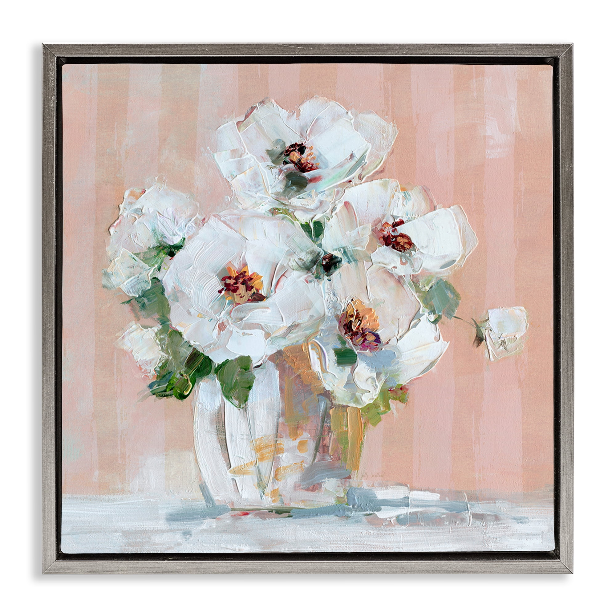 Stupell Industries White Poppies on Pink Botanical & Floral Painting Gray Floater Framed Art Print Wall Art, 18 x 18