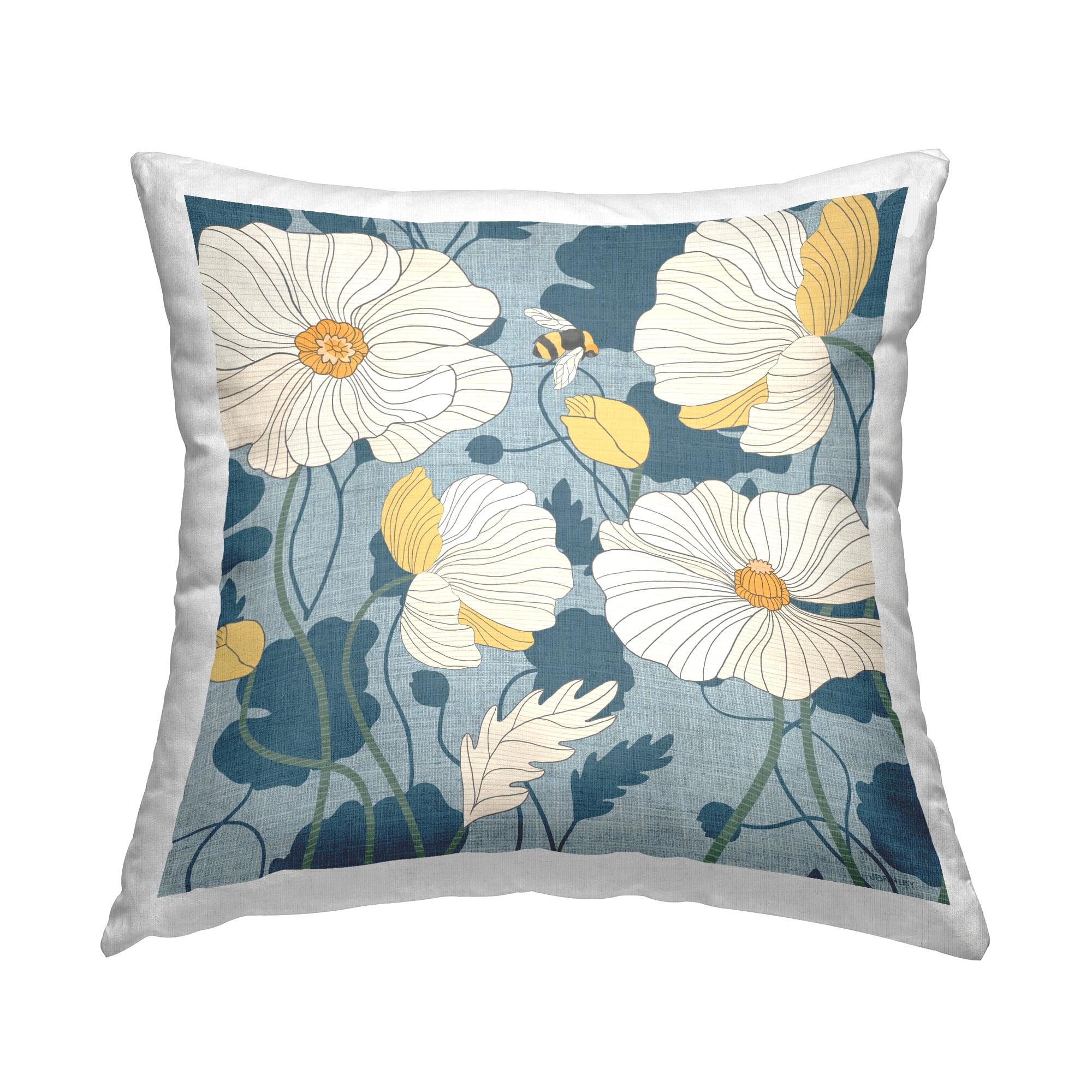 Stupell Industries White Poppies with Bee Decorative Printed Throw Pillow, 18 x 18