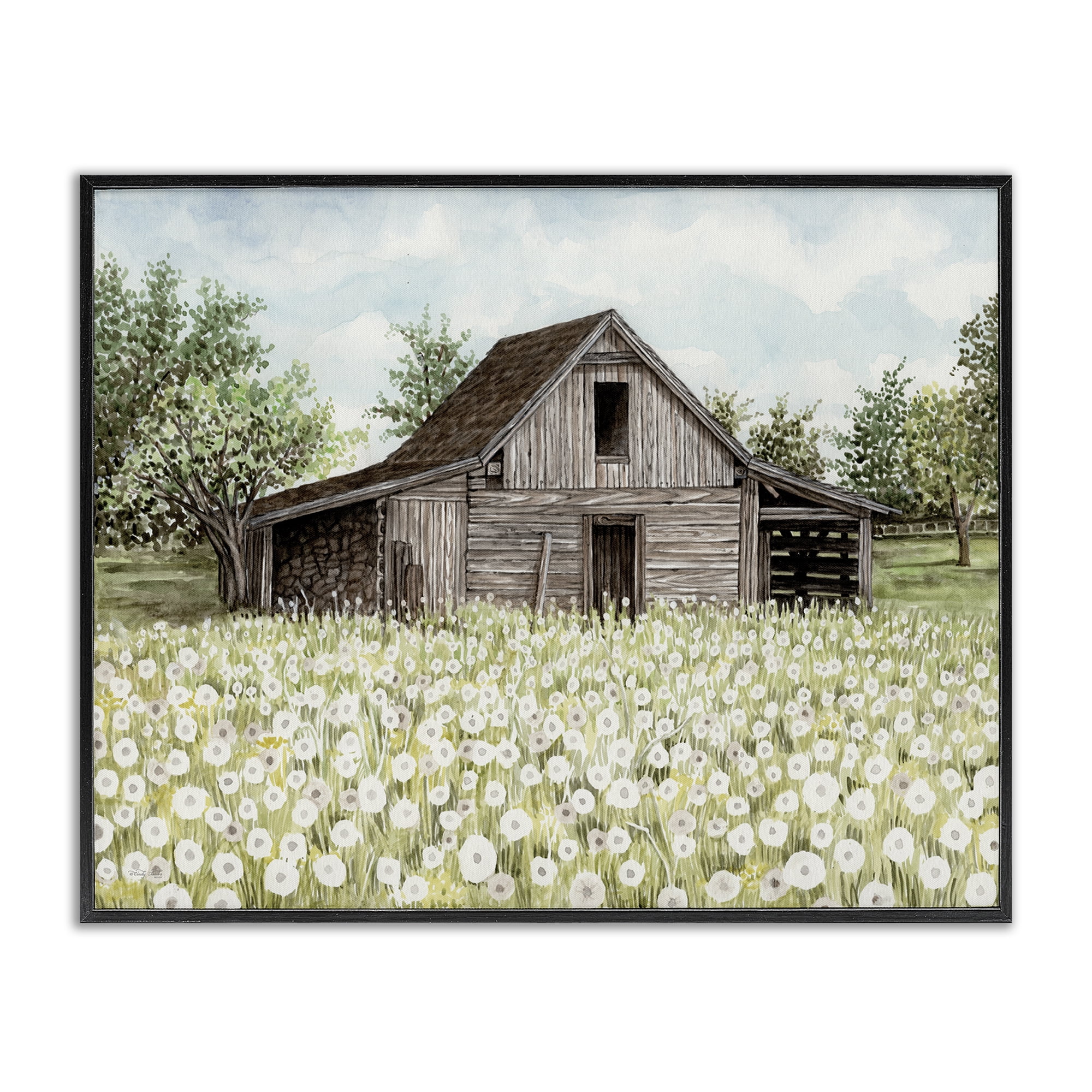 Stupell Industries White Poppy Farm Meadow Landscape & Nature Painting Black Framed Art Print Wall Art, 20 x 16