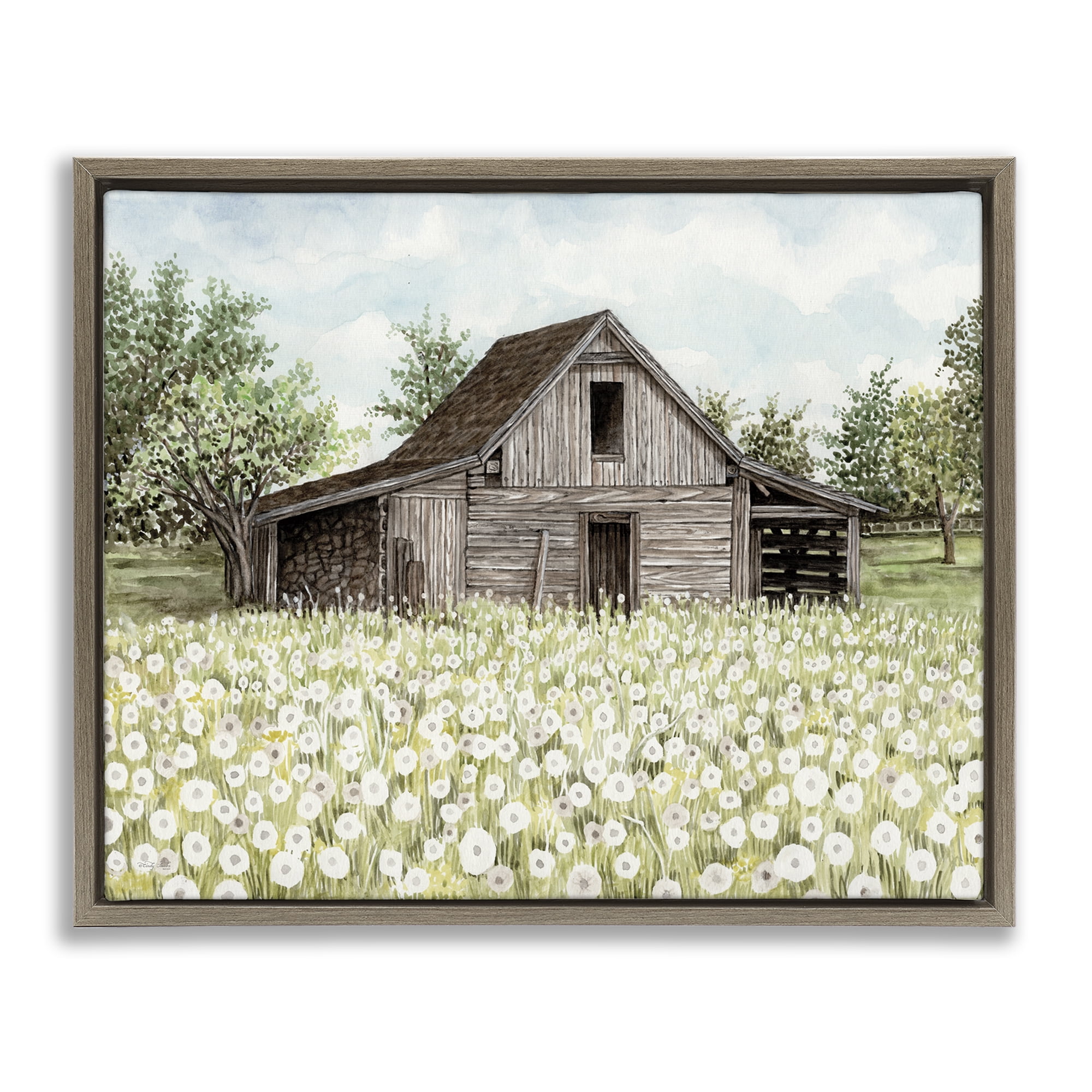 Stupell Industries White Poppy Farm Meadow Landscape & Nature Painting Brown Floater Framed Canvas Art Print Wall Art, 21 x 17