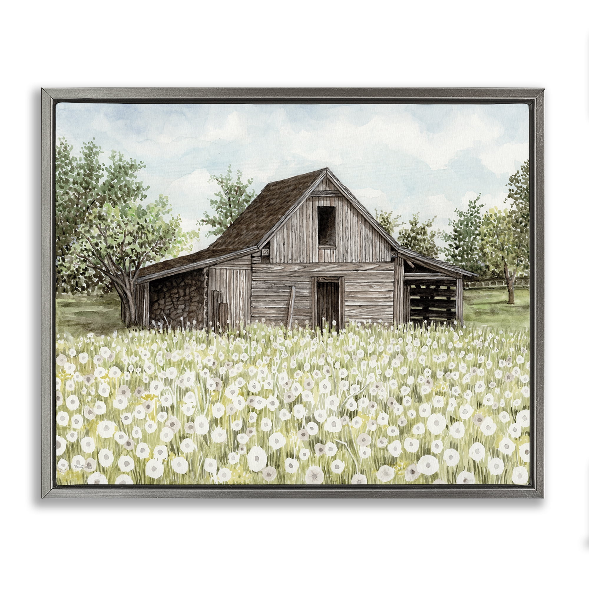 Stupell Industries White Poppy Farm Meadow Landscape & Nature Painting Gray Floater Framed Canvas Art Print Wall Art, 31 x 25