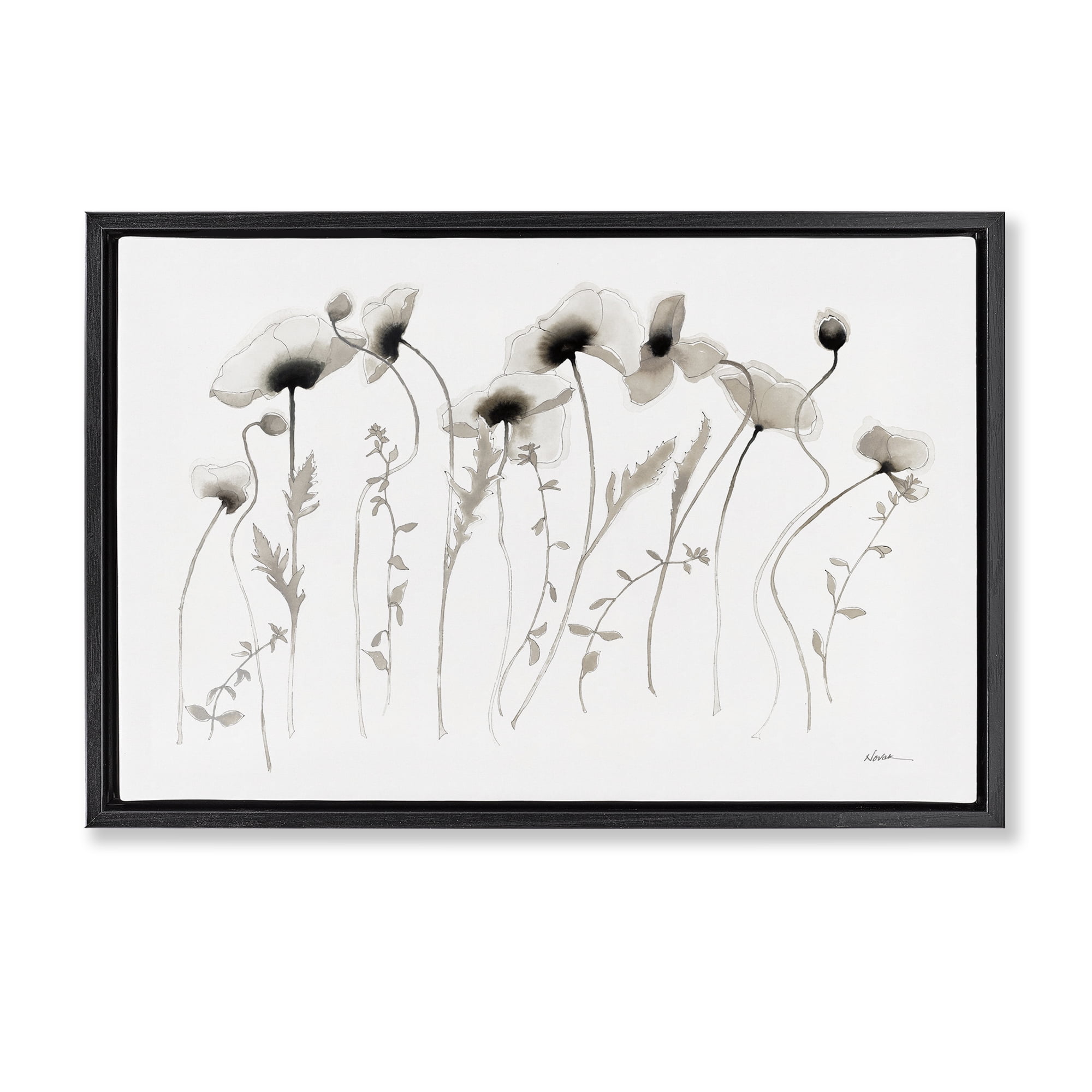 Stupell Industries White Poppy Sprigs Botanical & Floral Painting Black Floater Framed Art Print Wall Art, 25 x 17