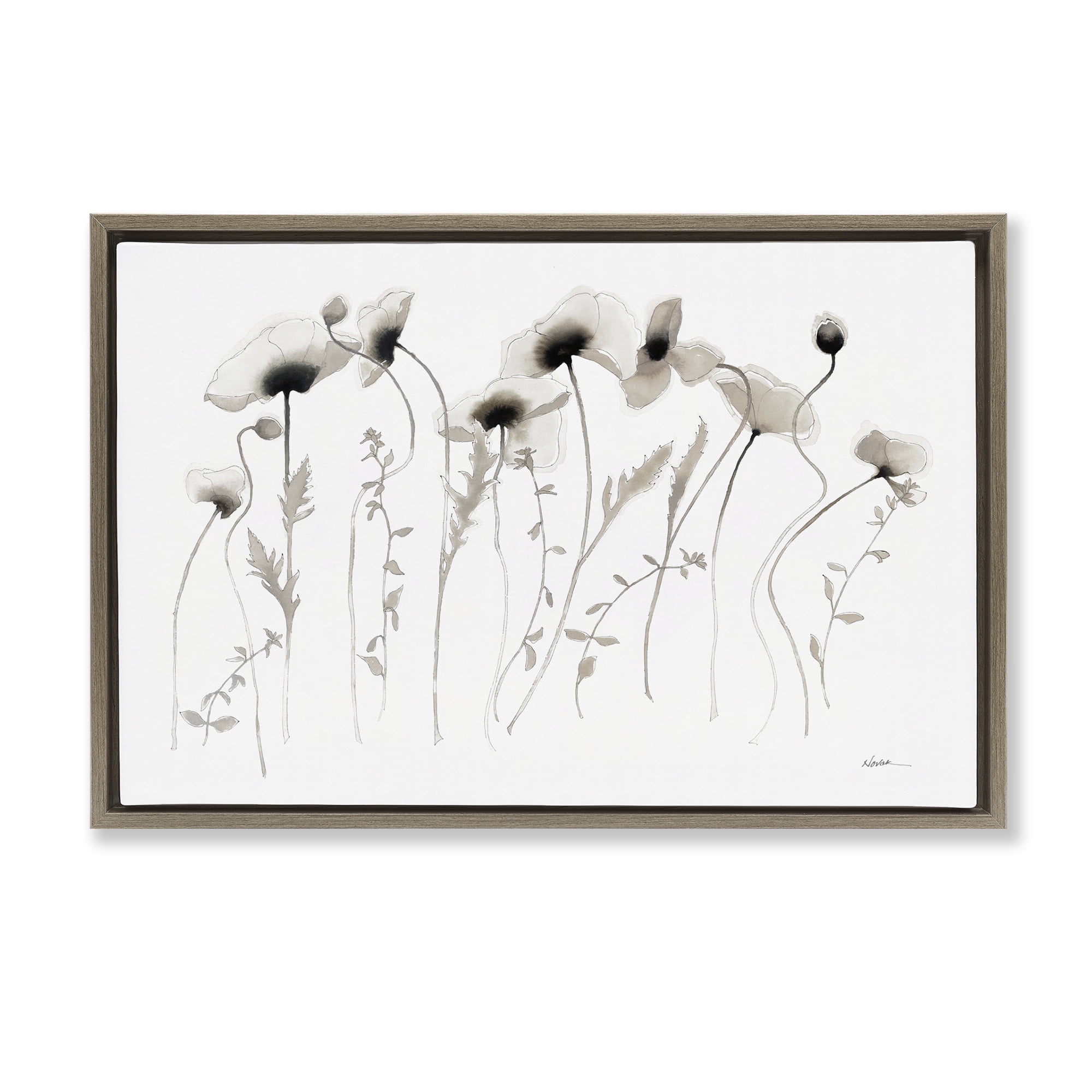 Stupell Industries White Poppy Sprigs Botanical & Floral Painting Brown Floater Framed Art Print Wall Art, 31 x 21
