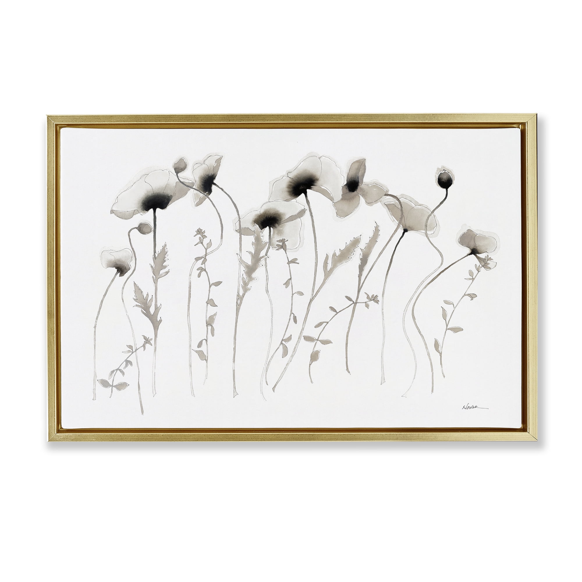 Stupell Industries White Poppy Sprigs Botanical & Floral Painting Gold Floater Framed Art Print Wall Art, 31 x 21