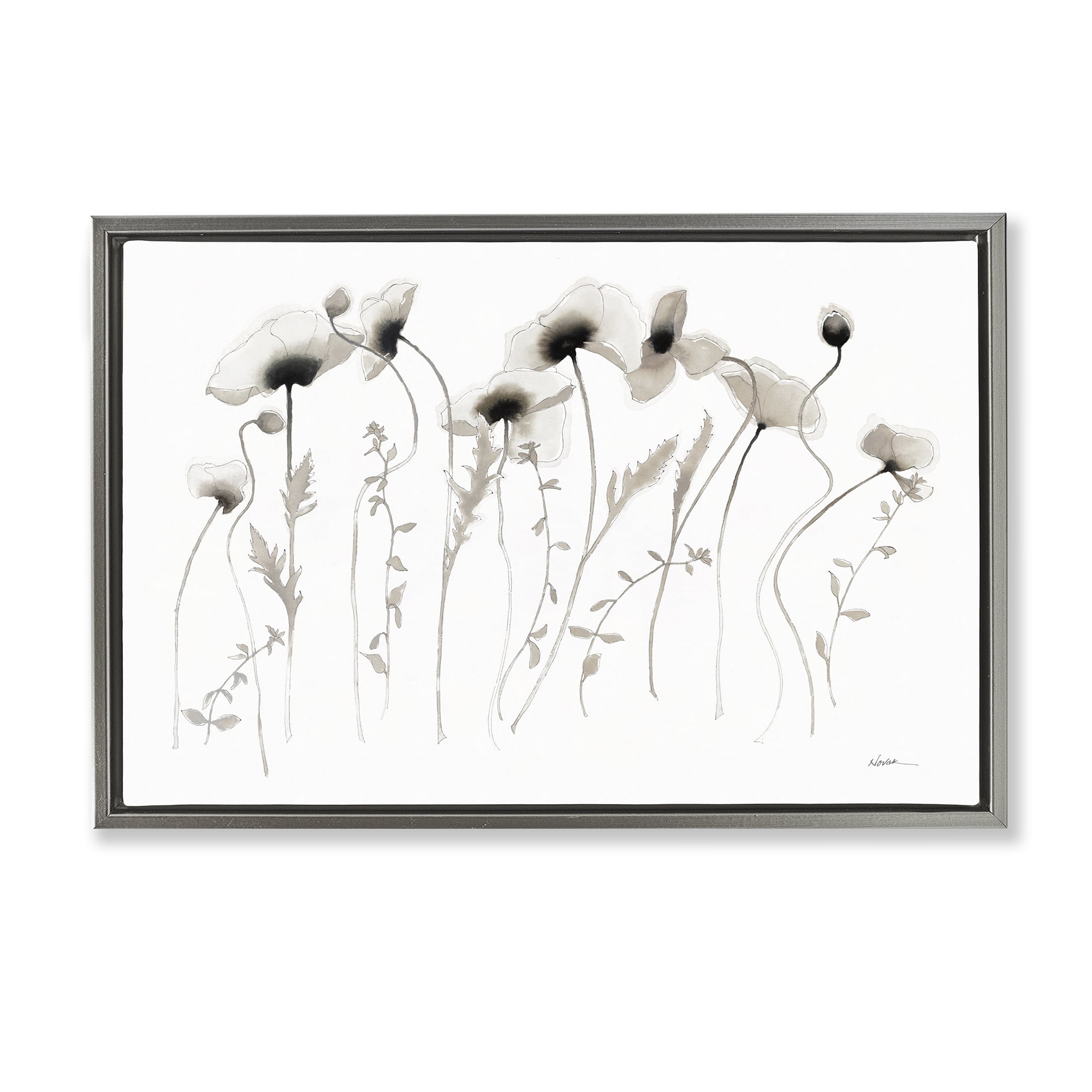 Stupell Industries White Poppy Sprigs Botanical & Floral Painting Gray Floater Framed Art Print Wall Art, 25 x 17