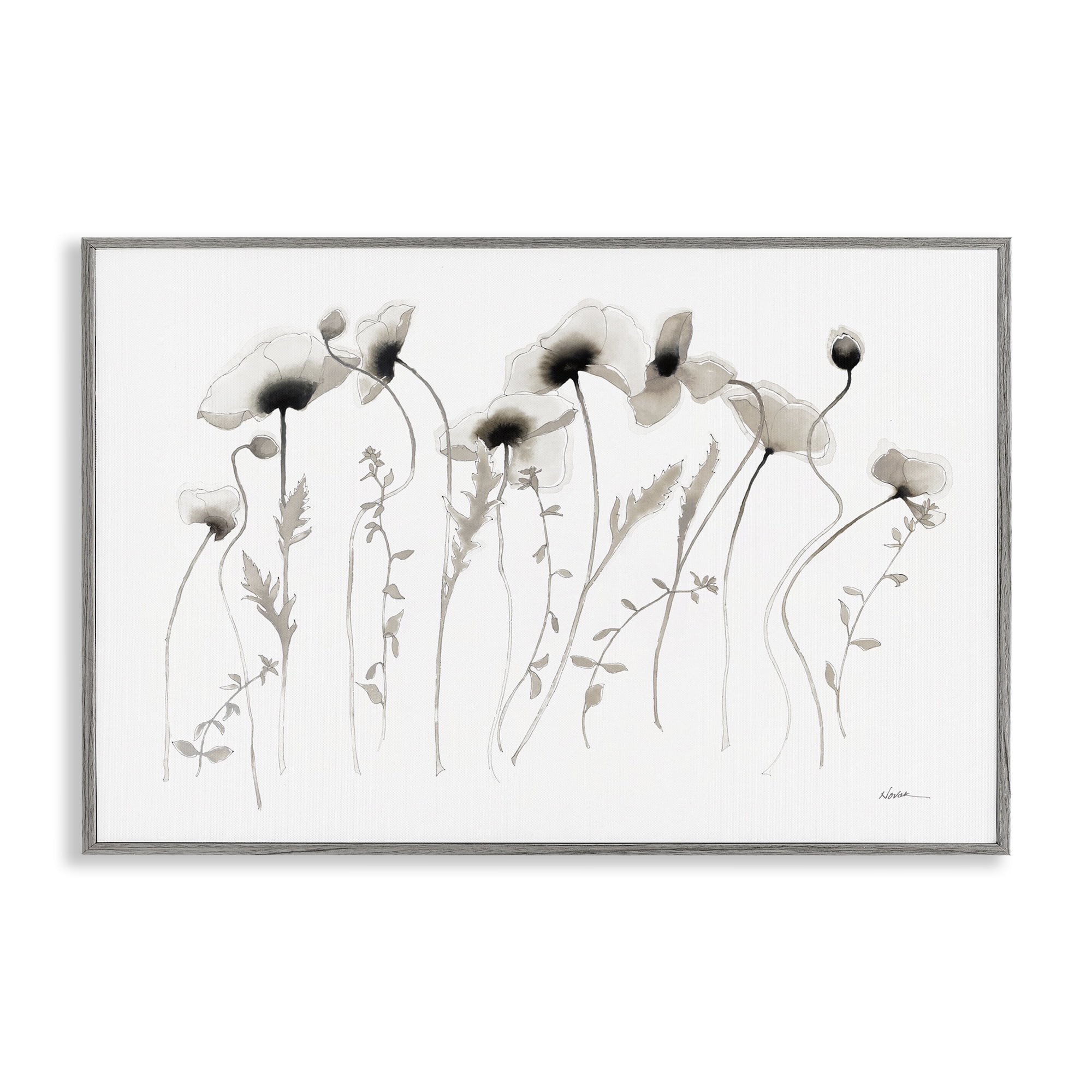 Stupell Industries White Poppy Sprigs Botanical & Floral Painting Gray Framed Art Print Wall Art, 24 x 16
