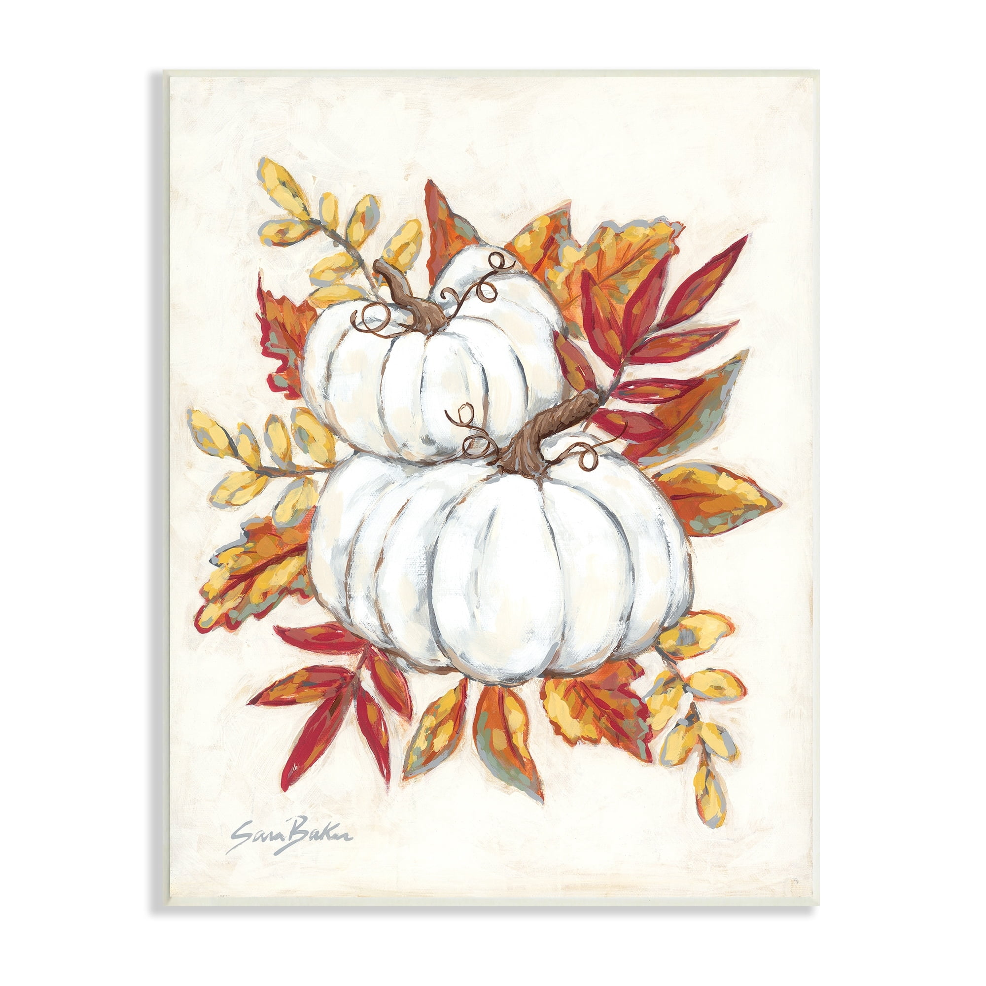 Stupell Industries White Pumpkins Stacked Red Orange Autumn Leaves, 13 x 19,Design by Sarah baker