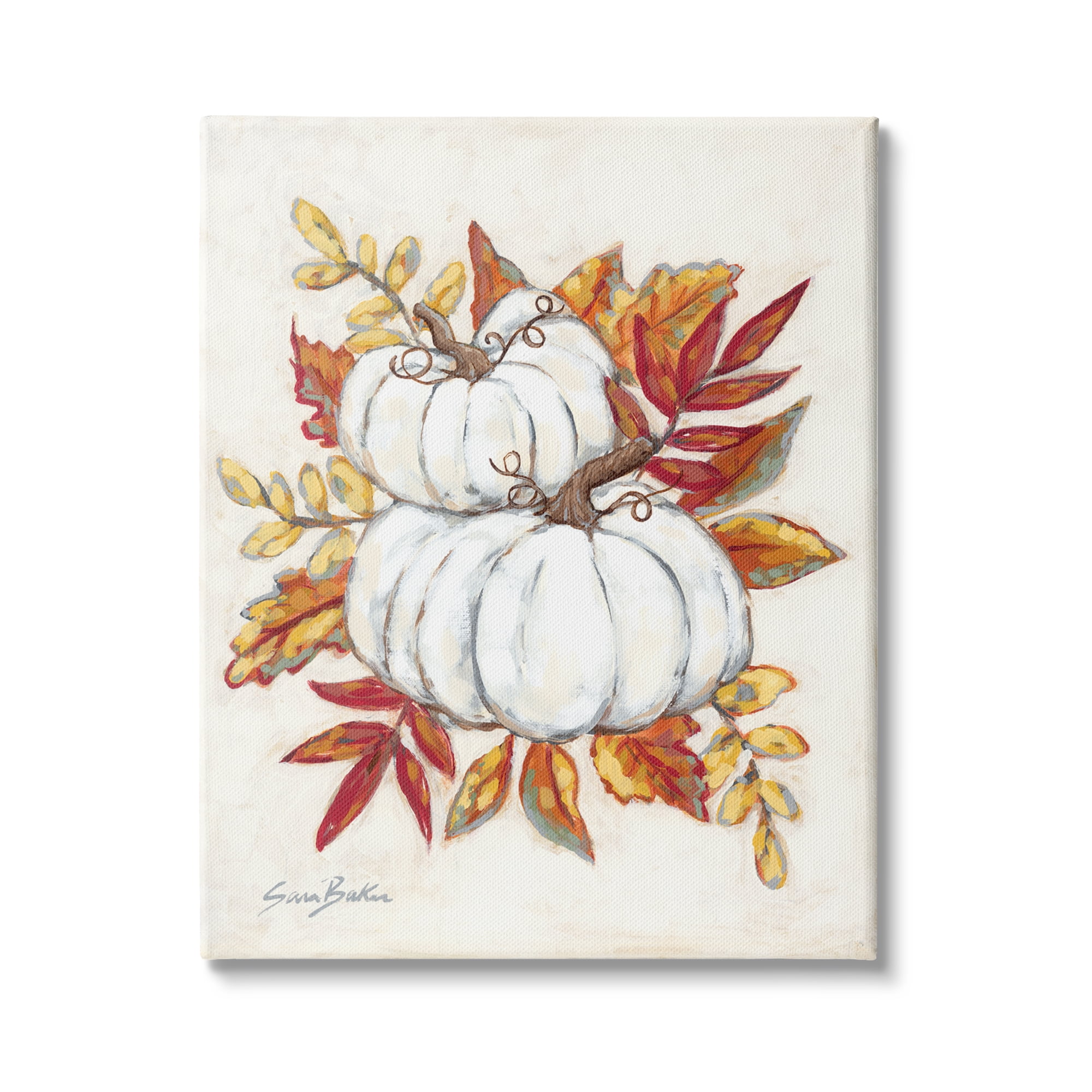 Stupell Industries White Pumpkins Stacked Red Orange Autumn Leaves, 16 x 20,Design by Sarah baker