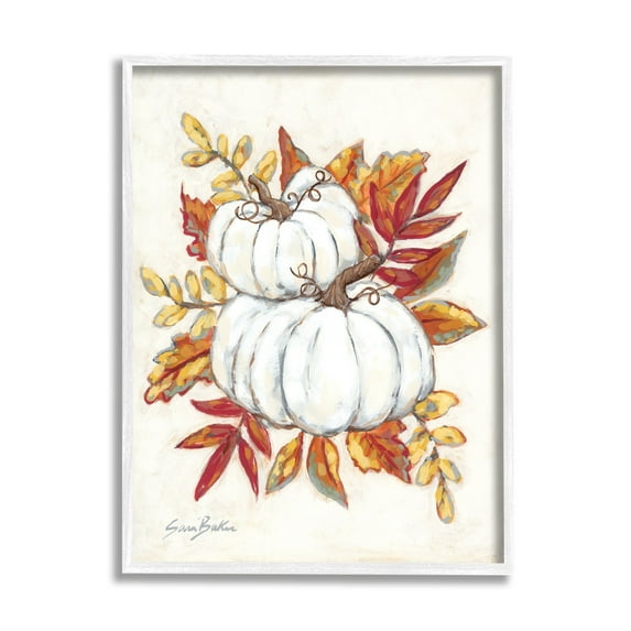 Stupell Industries White Pumpkins Stacked Red Orange Autumn Leaves, 16 x 20,Design by Sarah baker