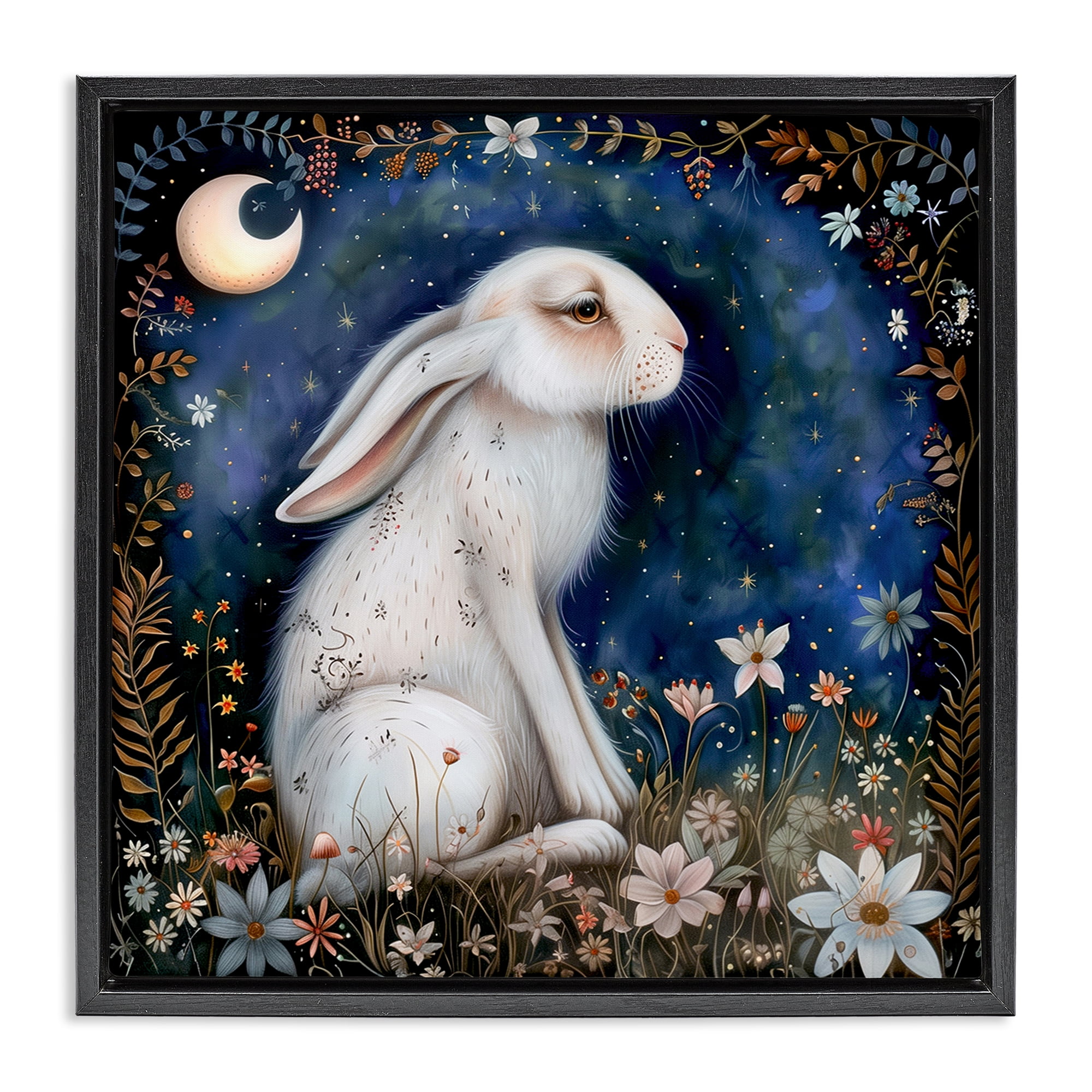 Stupell Industries White Rabbit Forest Scene Animals Painting Black Floater Framed Canvas Art Print Wall Art, 25 x 25