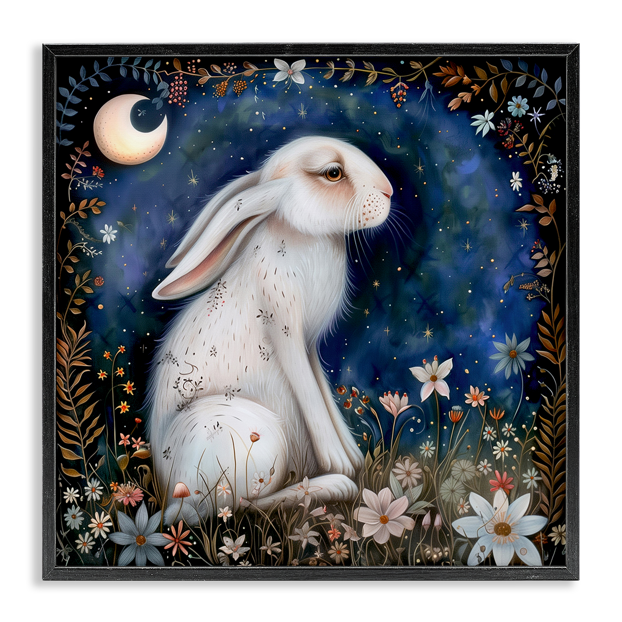 Stupell Industries White Rabbit Forest Scene Animals Painting Black Framed Art Print Wall Art, 17 x 17
