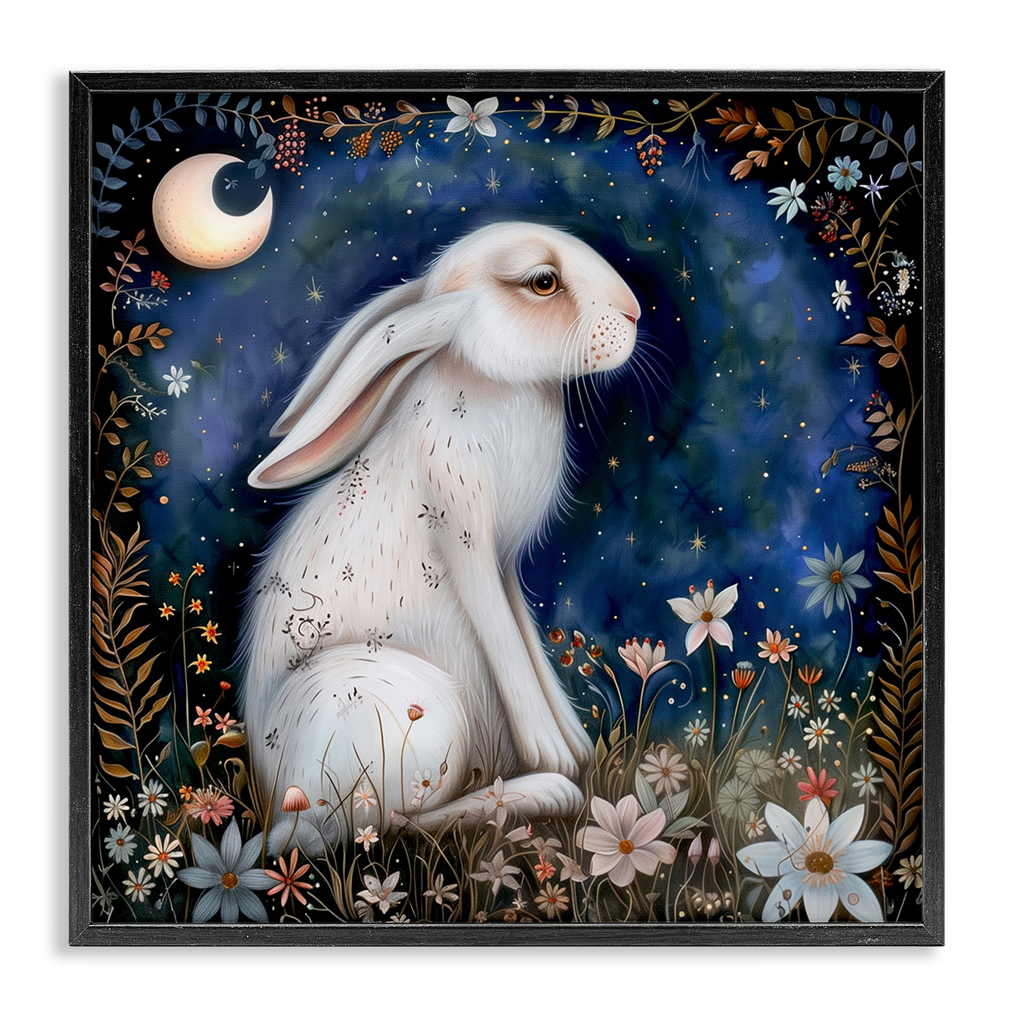 Stupell Industries White Rabbit Forest Scene Animals Painting Black Framed Art Print Wall Art, 24 x 24