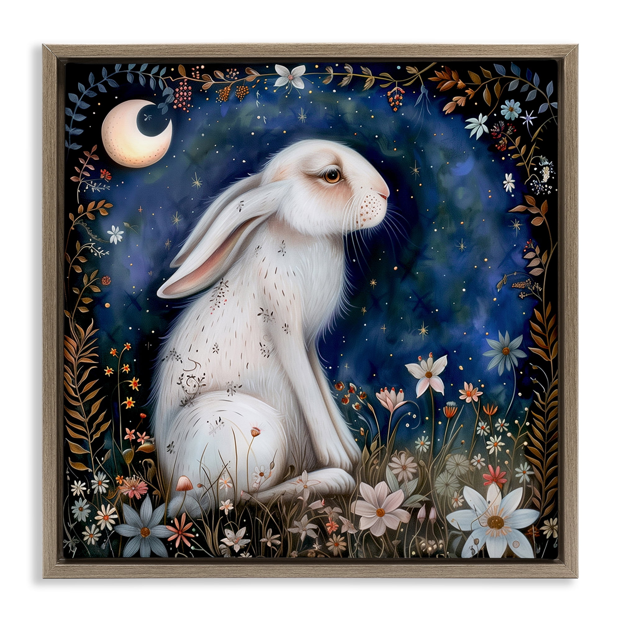 Stupell Industries White Rabbit Forest Scene Animals Painting Brown Floater Framed Canvas Art Print Wall Art, 18 x 18