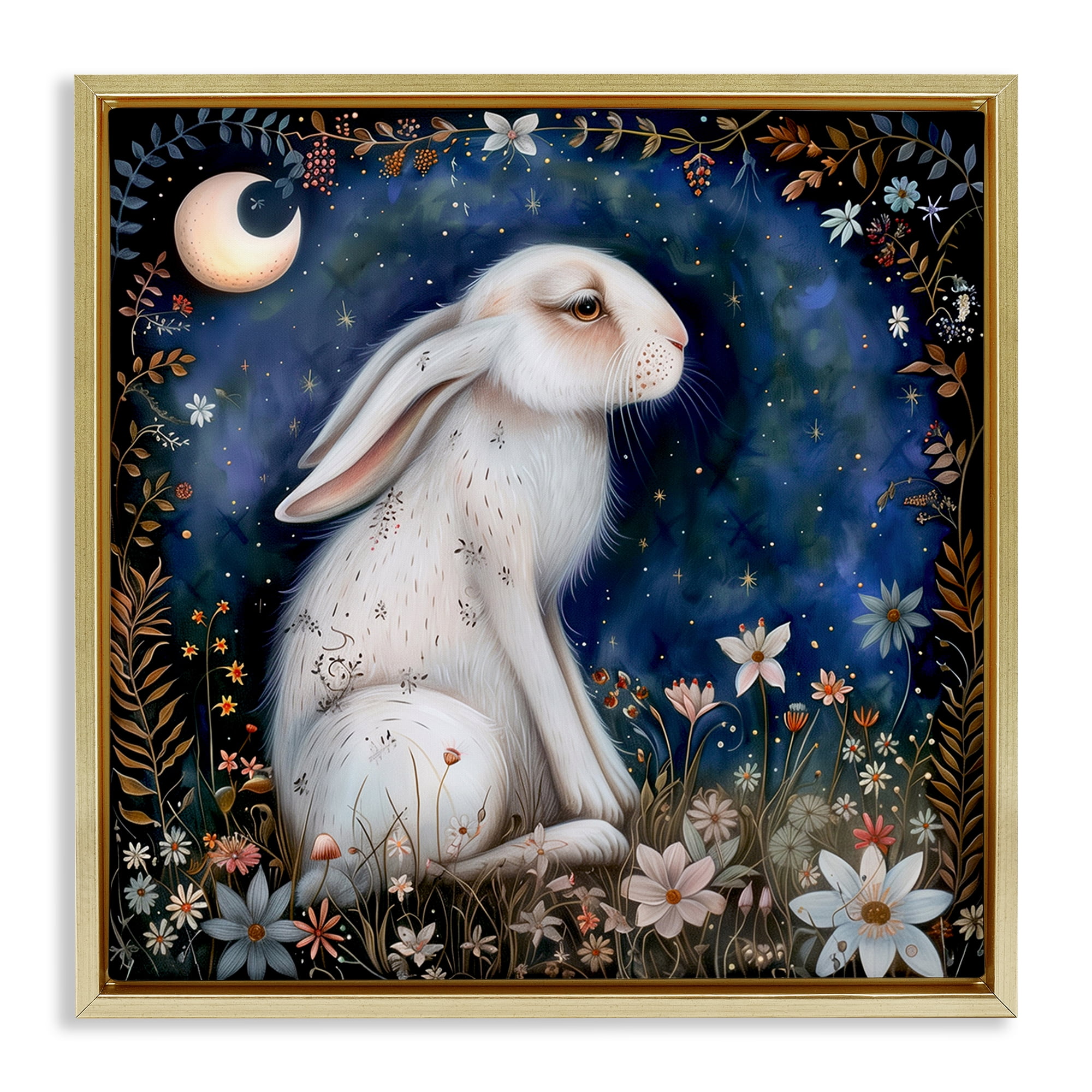 Stupell Industries White Rabbit Forest Scene Animals Painting Gold Floater Framed Canvas Art Print Wall Art, 25 x 25