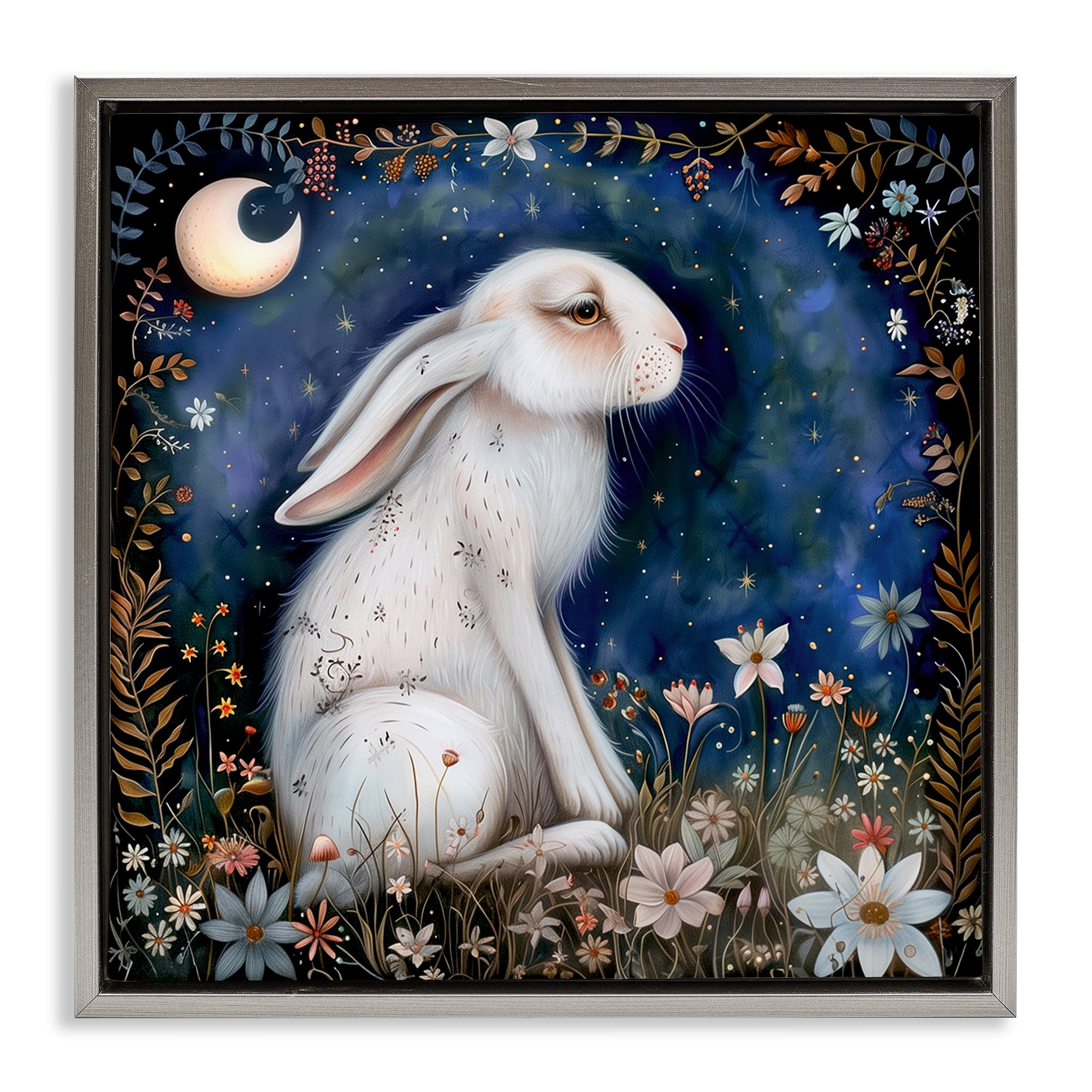 Stupell Industries White Rabbit Forest Scene Animals Painting Gray Floater Framed Canvas Art Print Wall Art, 18 x 18
