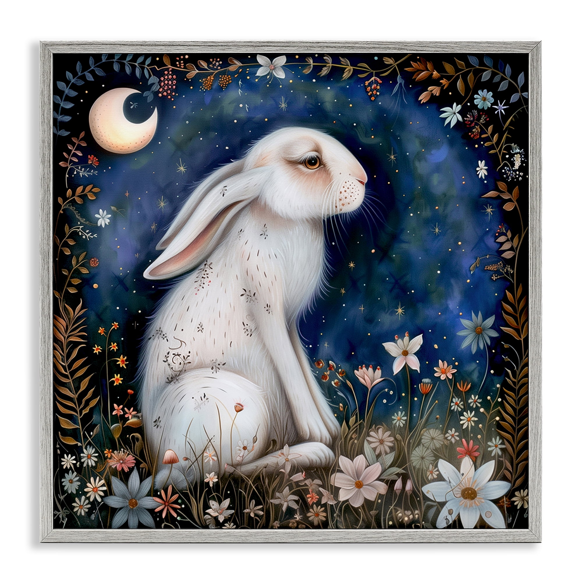 Stupell Industries White Rabbit Forest Scene Animals Painting Gray Framed Art Print Wall Art, 12 x 12