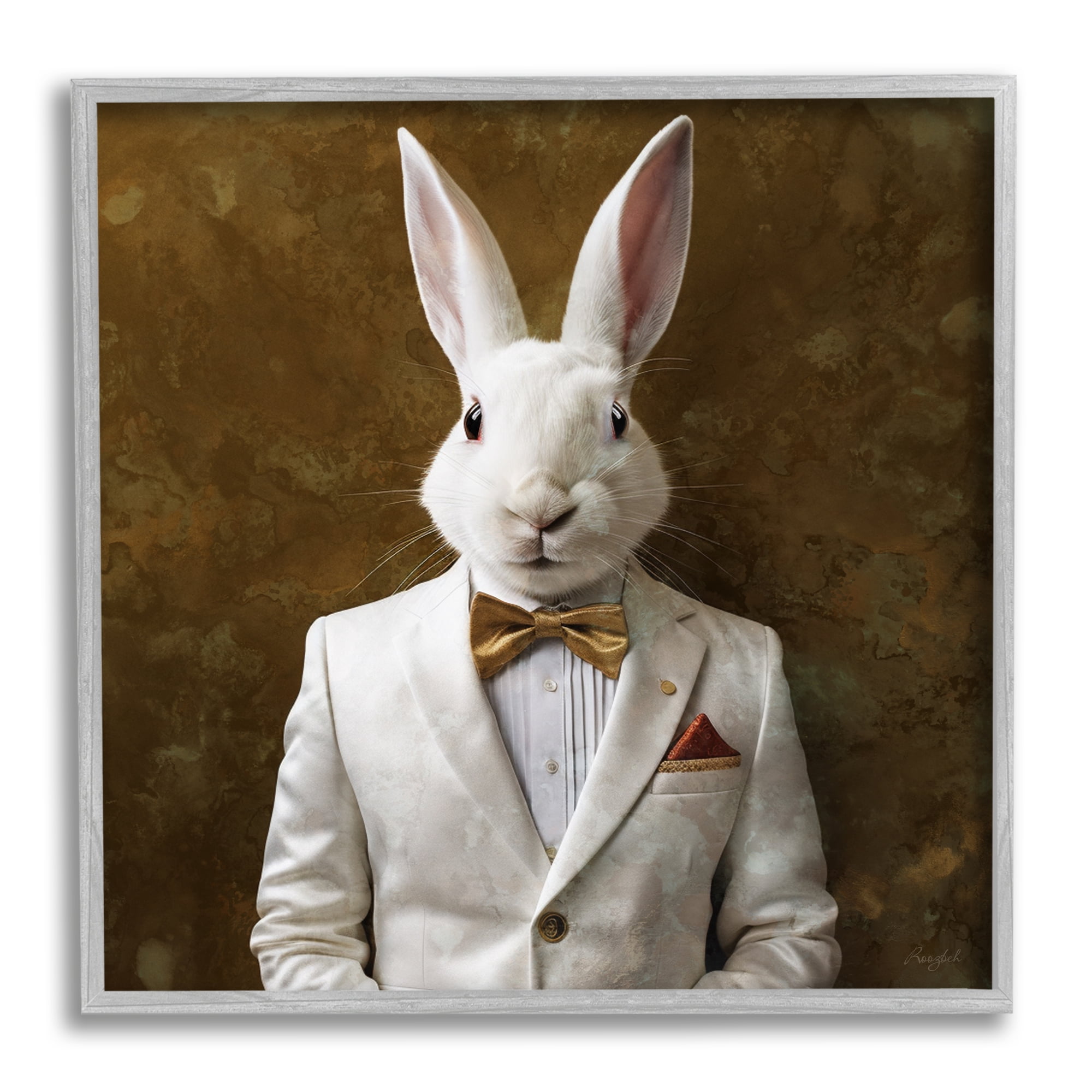 Stupell Industries White Rabbit in Suit Animals & Insects Painting Gray Framed Art Print Wall Art, 24 x 24