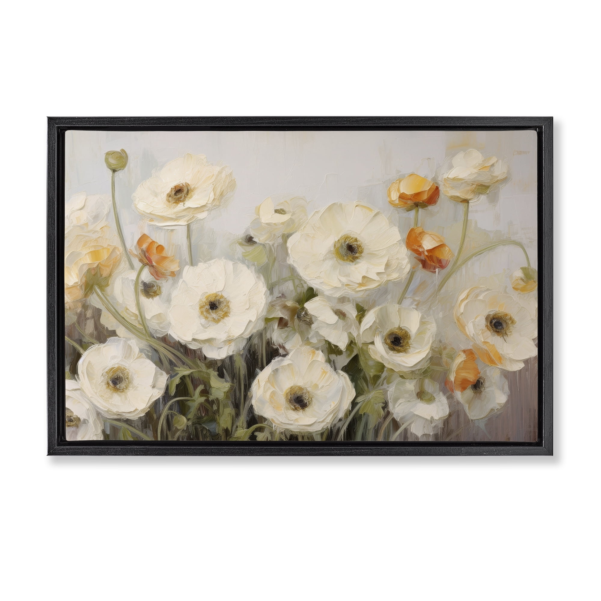 Stupell Industries White Ranunculus Blooms Plants & Flowers Painting Black Floater Framed Canvas Art Print Wall Art, 25 x 17