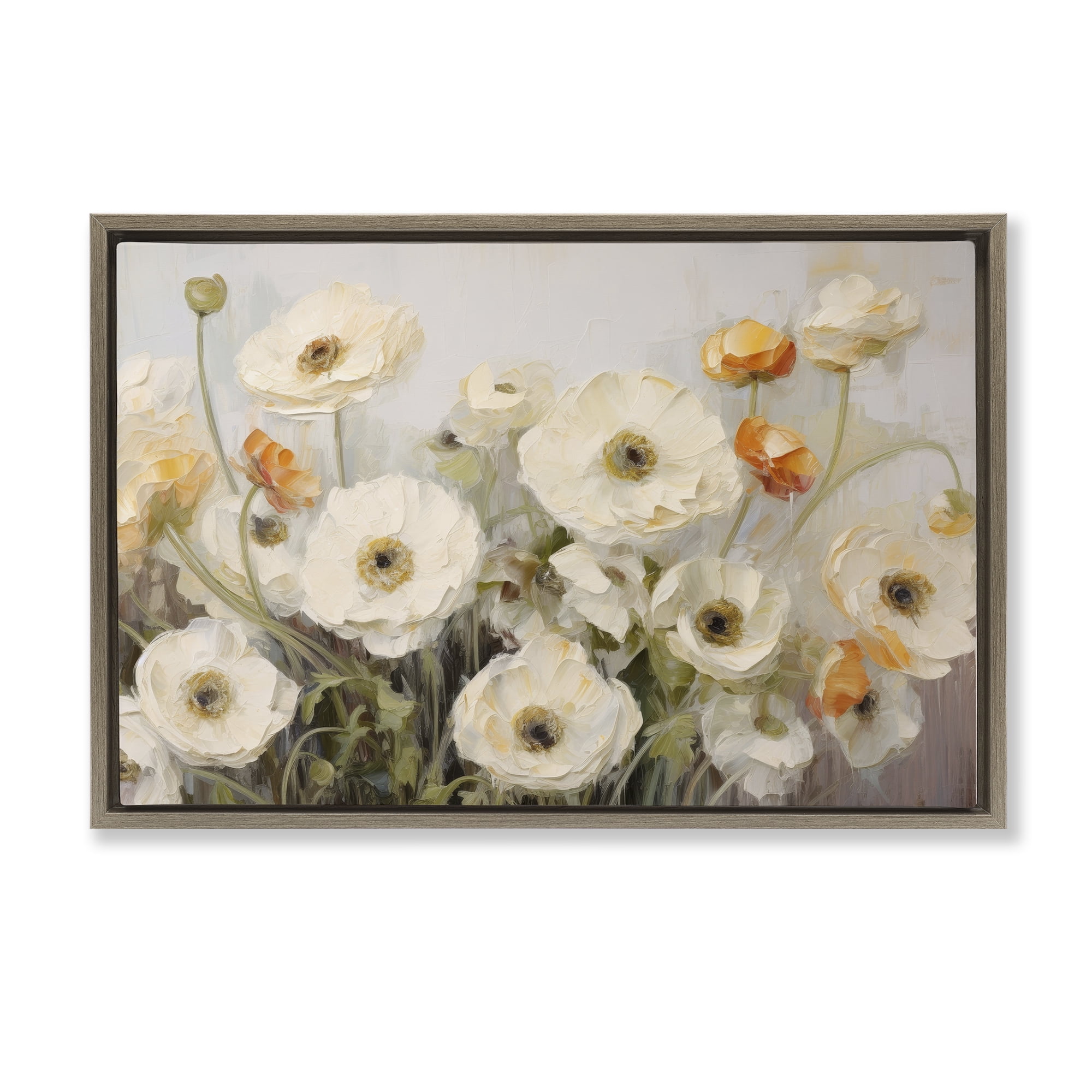 Stupell Industries White Ranunculus Blooms Plants & Flowers Painting Brown Floater Framed Canvas Art Print Wall Art, 31 x 21