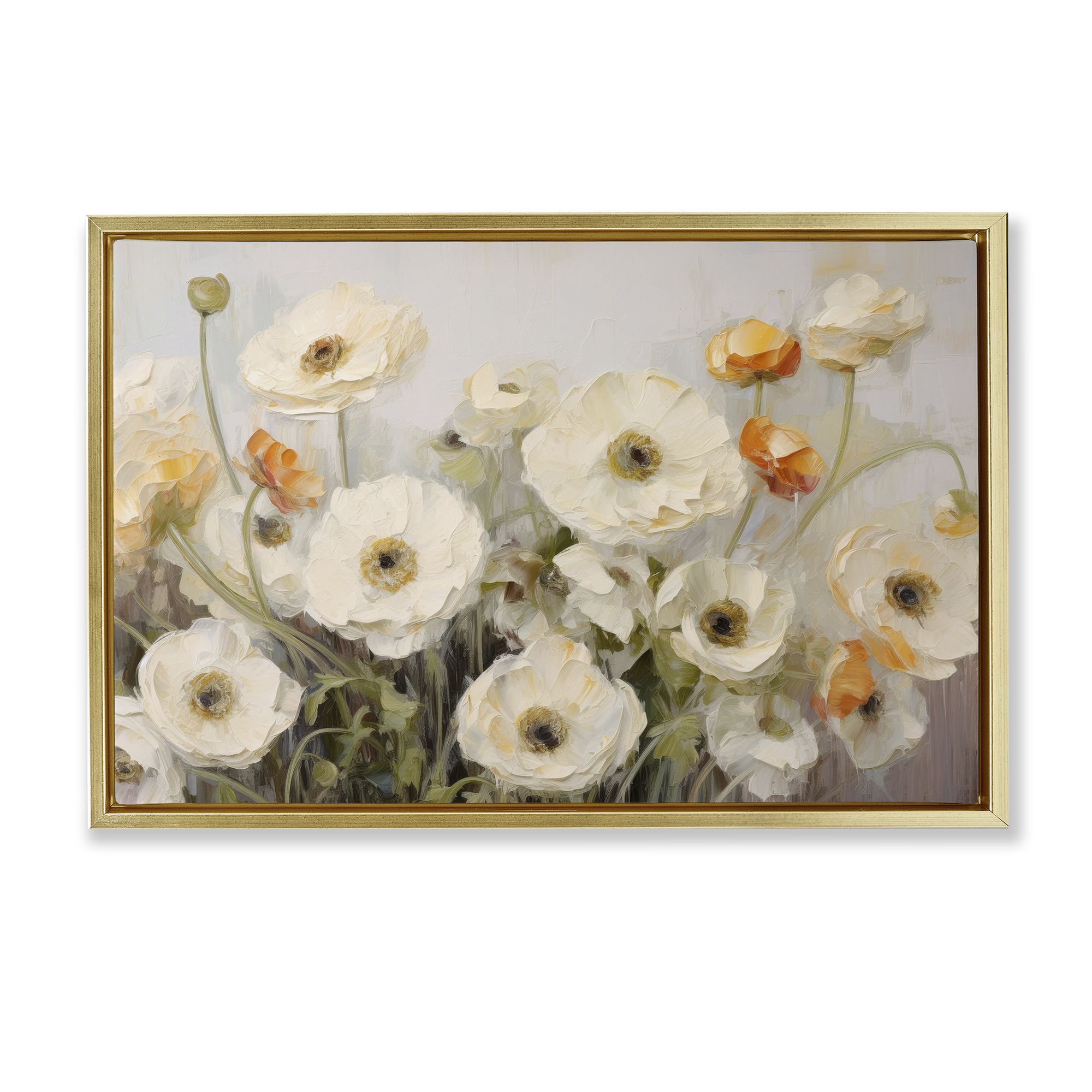 Stupell Industries White Ranunculus Blooms Plants & Flowers Painting Gold Floater Framed Canvas Art Print Wall Art, 31 x 21