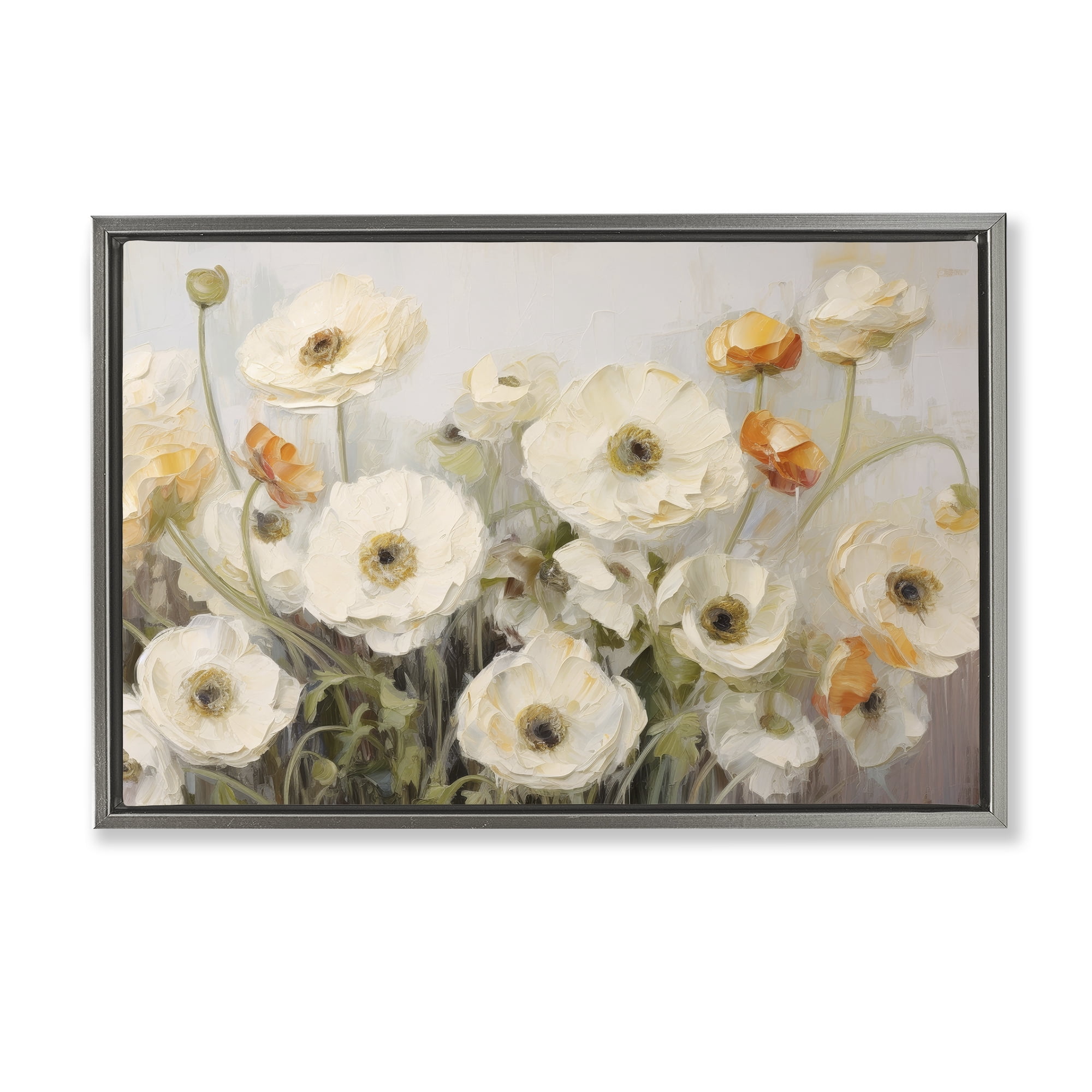 Stupell Industries White Ranunculus Blooms Plants & Flowers Painting Gray Floater Framed Canvas Art Print Wall Art, 31 x 21