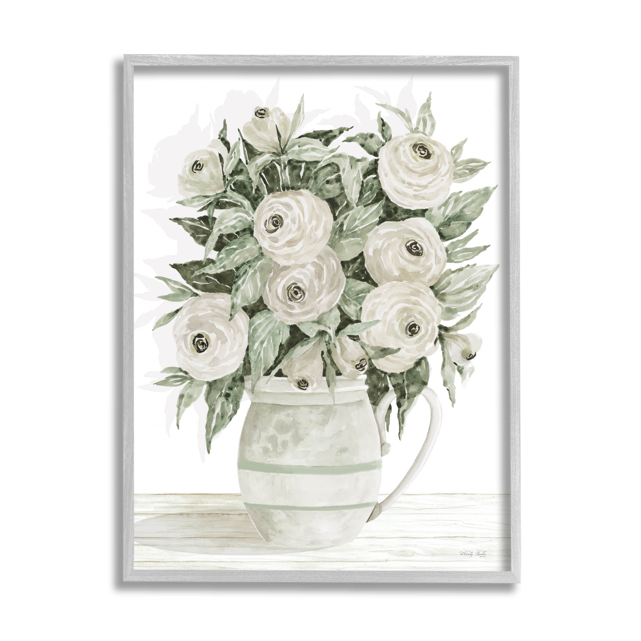 Stupell Industries White Ranunculus Blossoms Flower Vase Painting Gray Framed Art Print Wall Art, Design by Cindy Jacobs