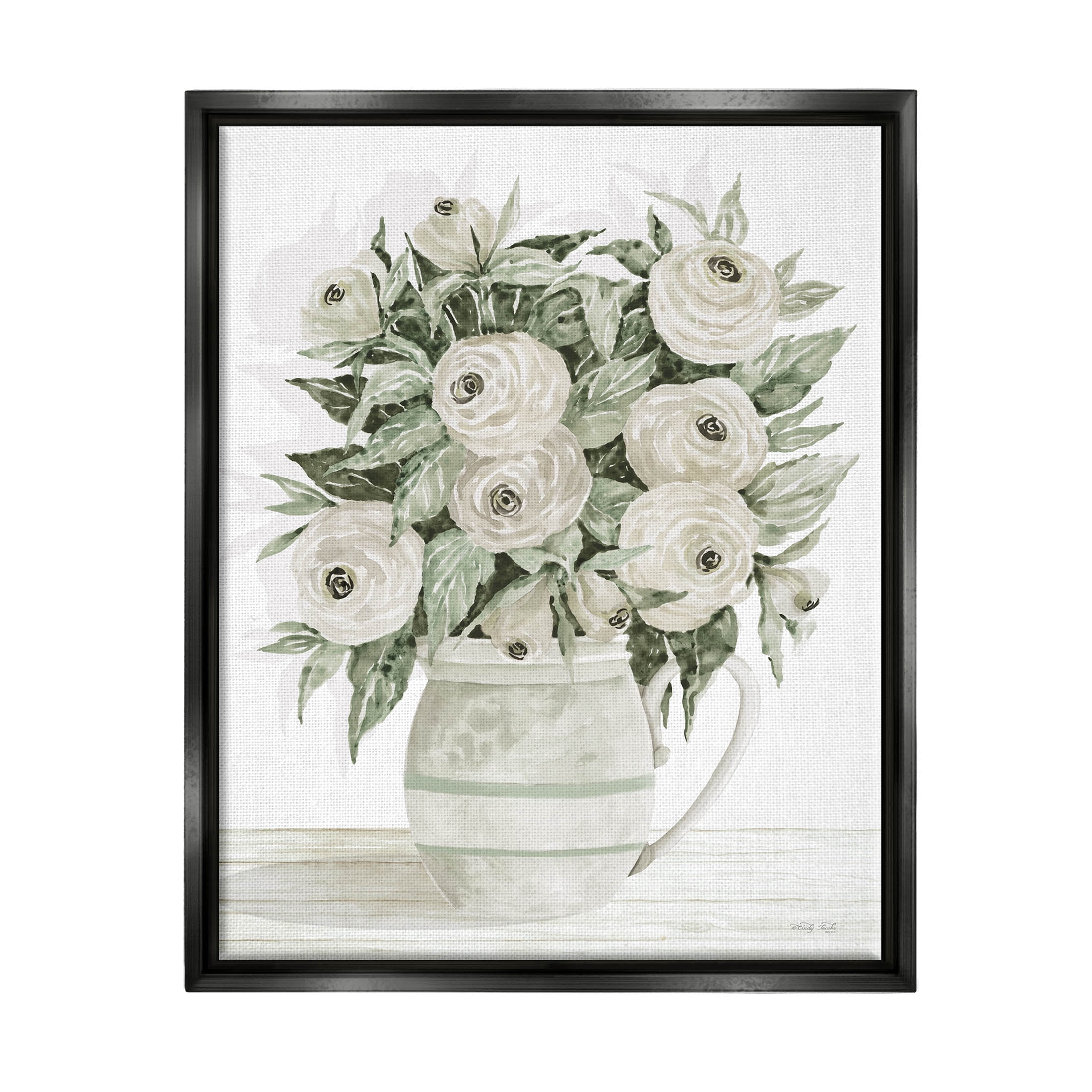 Stupell Industries White Ranunculus Blossoms Flower Vase Painting Jet Black Floating Framed Canvas Print Wall Art, Design by Cindy Jacobs