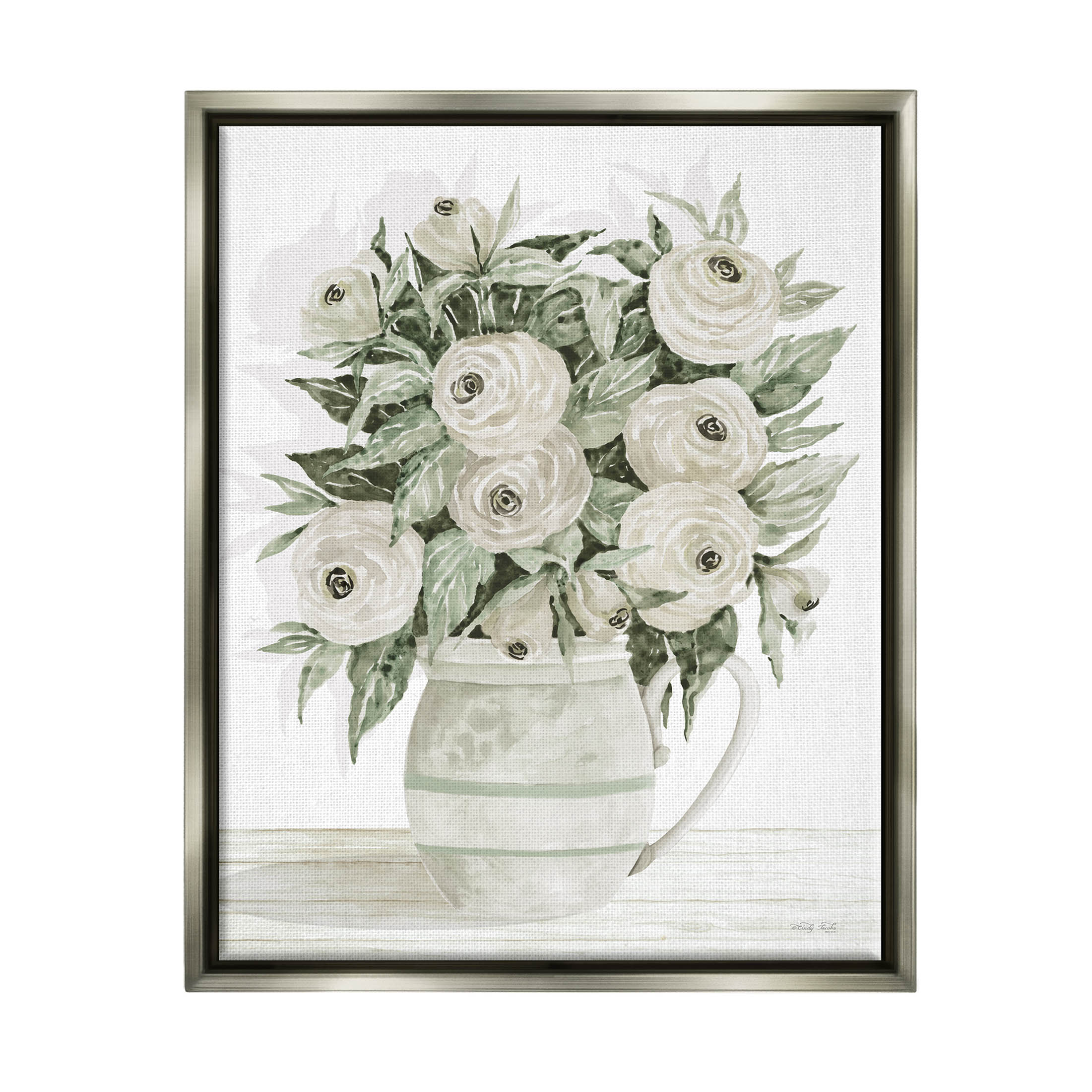 Stupell Industries White Ranunculus Blossoms Flower Vase Painting Luster Gray Floating Framed Canvas Print Wall Art, Design by Cindy Jacobs
