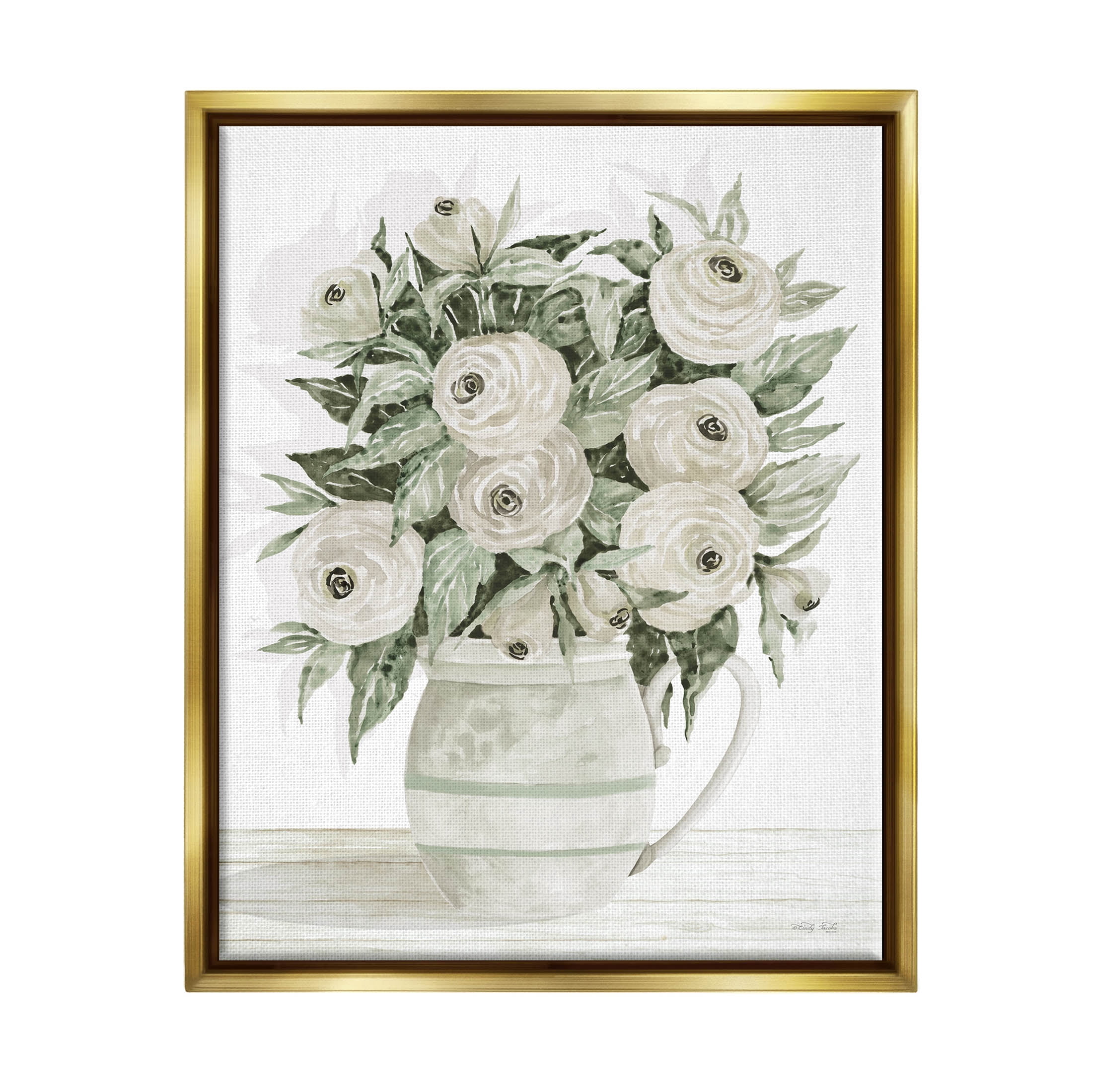 Stupell Industries White Ranunculus Blossoms Flower Vase Painting Metallic Gold Floating Framed Canvas Print Wall Art, Design by Cindy Jacobs