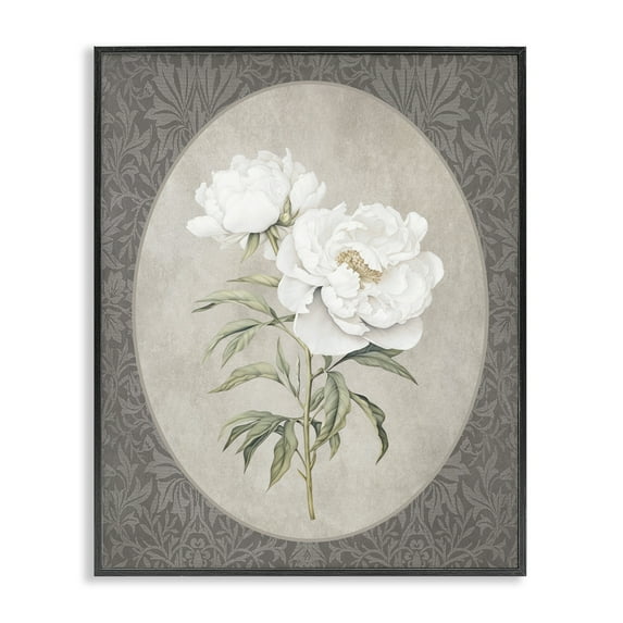 Stupell Industries White Rose Duo on Oval Pattern Floral Painting Black Framed Art Print Wall Art, 11 x 14